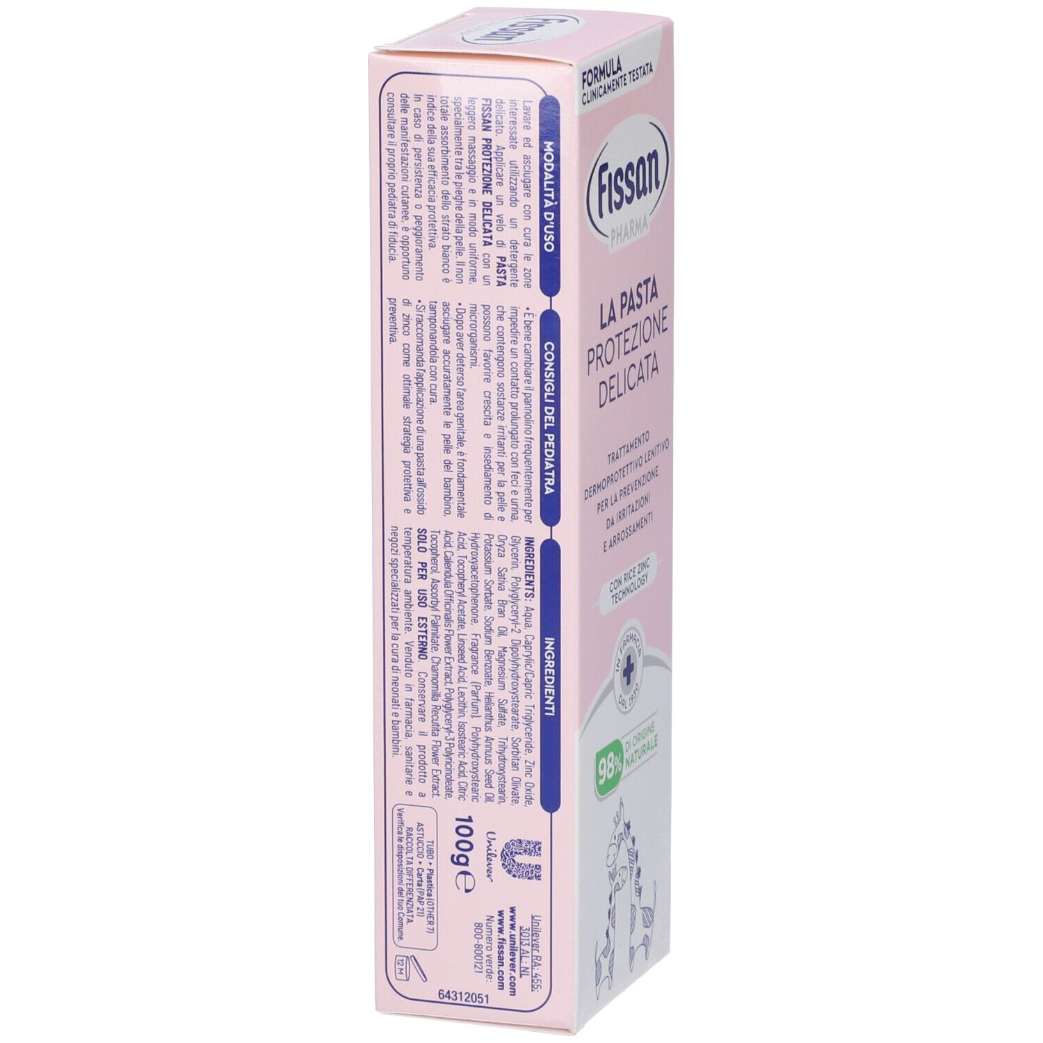Scatola rosa Fissan Pharma. Scritto: La Pasta Protezione Delicata. 98% naturale. Ingredienti e illustrazioni.