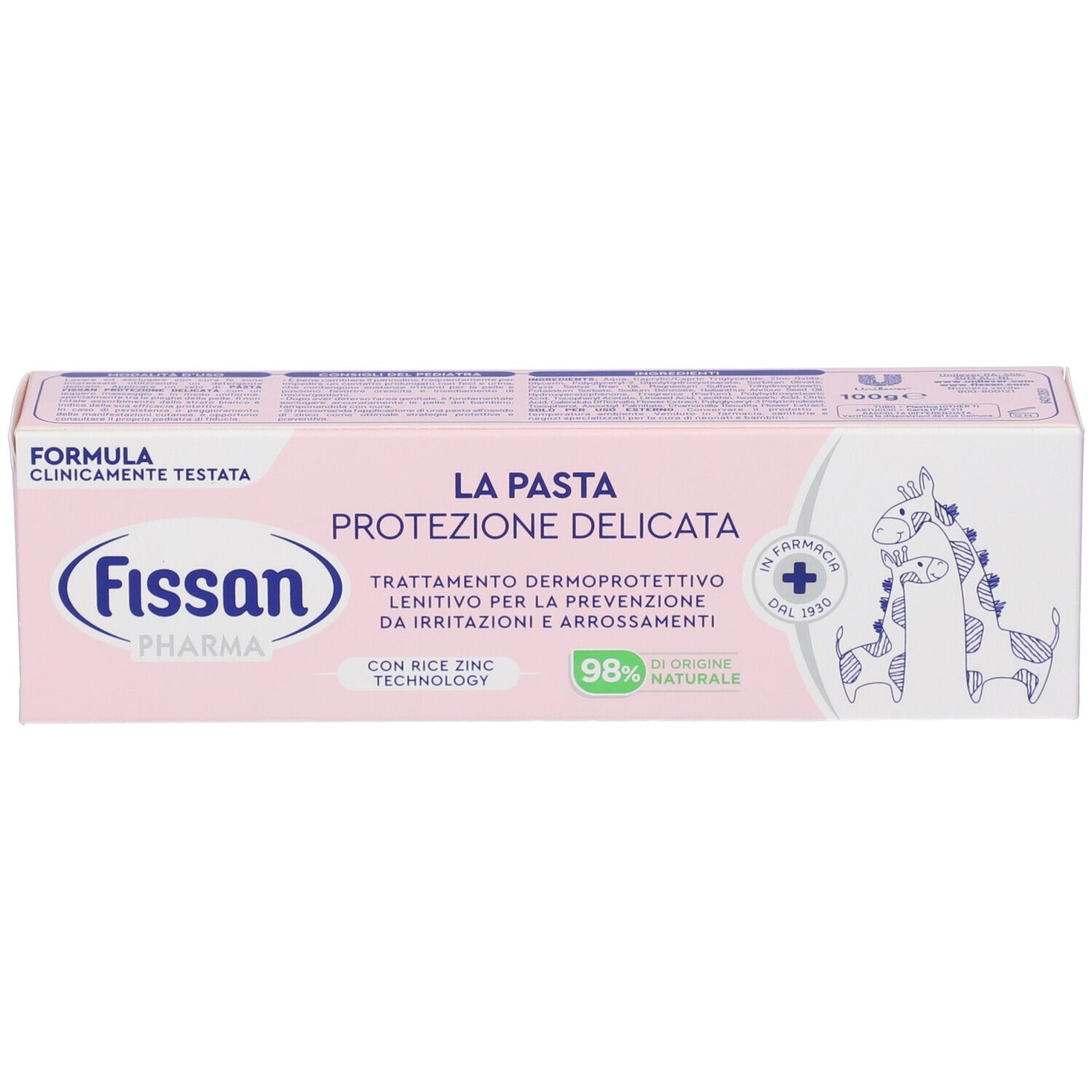 Scatola rosa Fissan Pharma. Scritto: La Pasta Protezione Delicata. 98% naturale. Con illustrazioni.