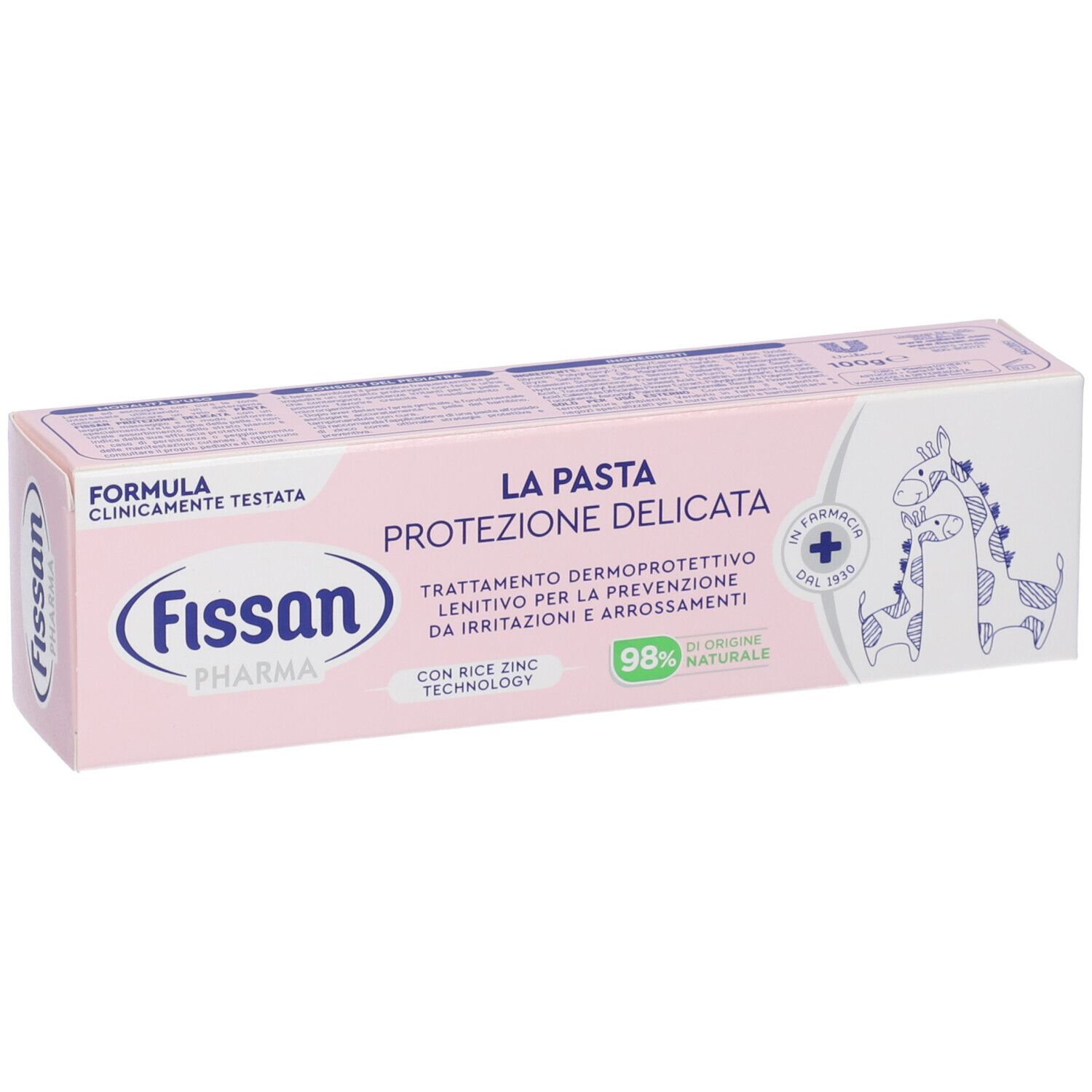 Scatola rosa Fissan Pharma. Scritto: La Pasta Protezione Delicata. 98% naturale. Con illustrazioni.