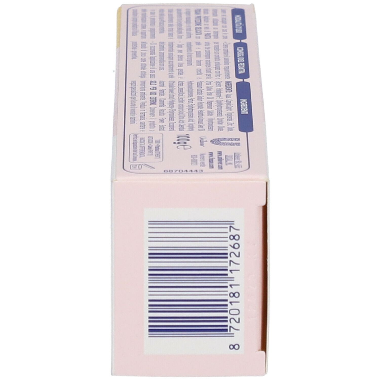 Scatola Fissan Pharma rosa. Scritto: La Pasta Protezione Delicata. 98% naturale. Con codice a barre.