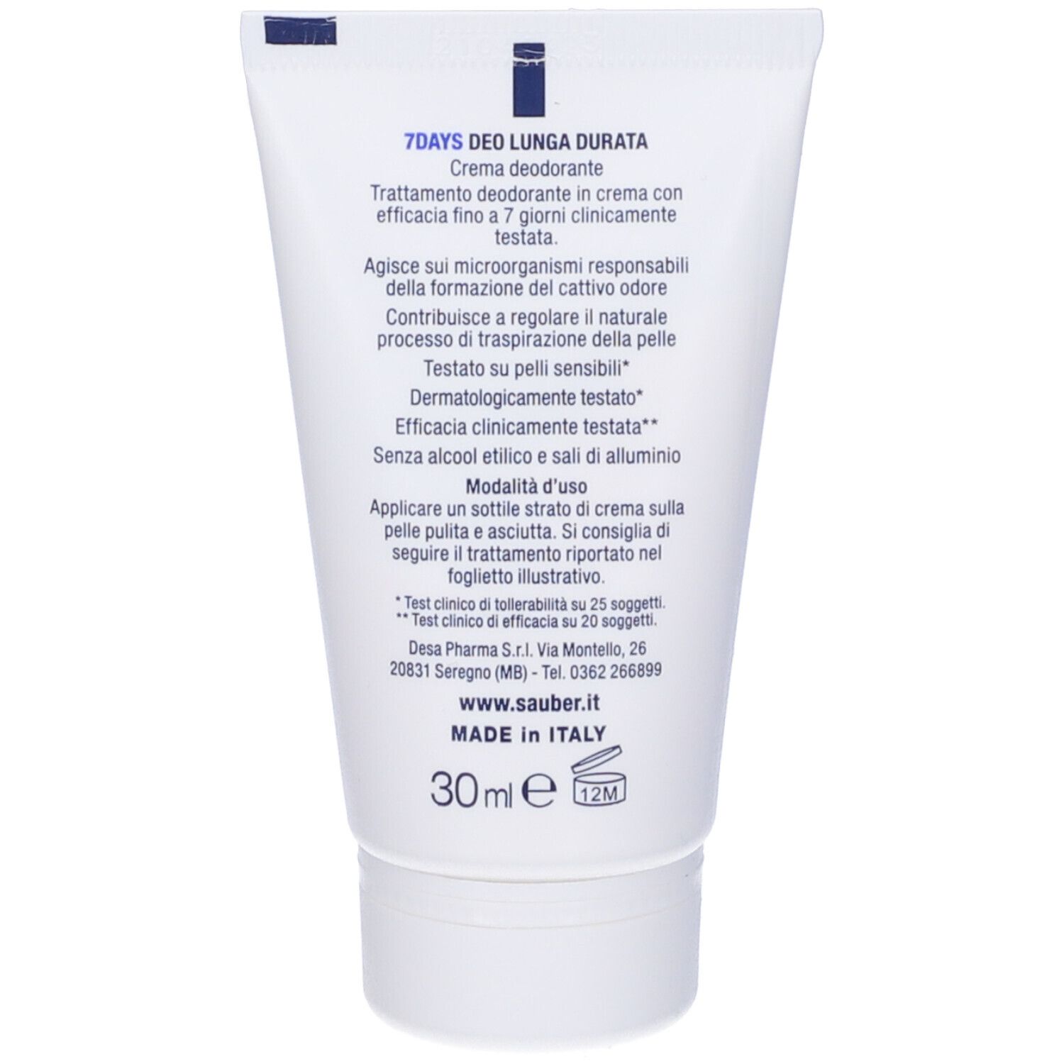 Retro del tubo. Testo in italiano. Scritta: 7 Days Deo Lunga Durata. 30ml. Made in Italy.