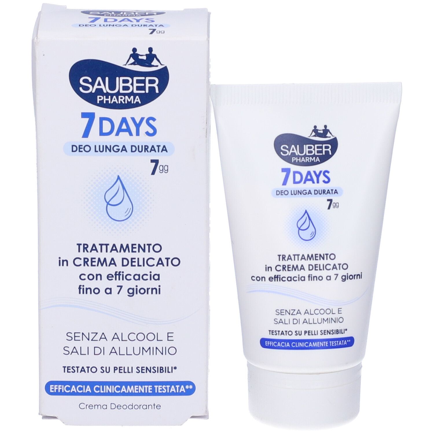 Tubo e scatola bianchi. Scritta: Sauber Pharma 7 Days Deo Lunga Durata. Testo in italiano.