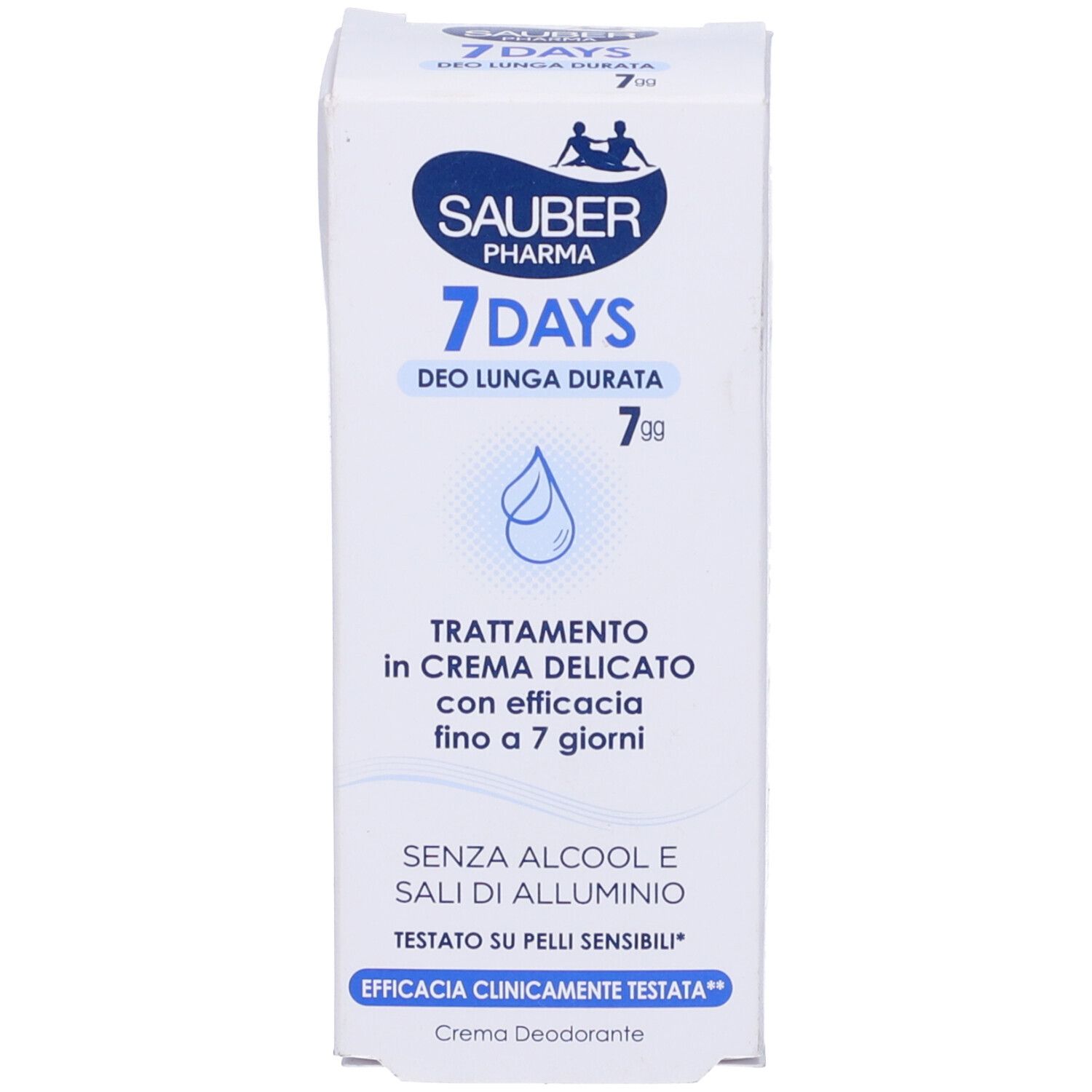 Scatola bianca con scritta blu: Sauber Pharma 7 Days Deo Lunga Durata. Testo in italiano.
