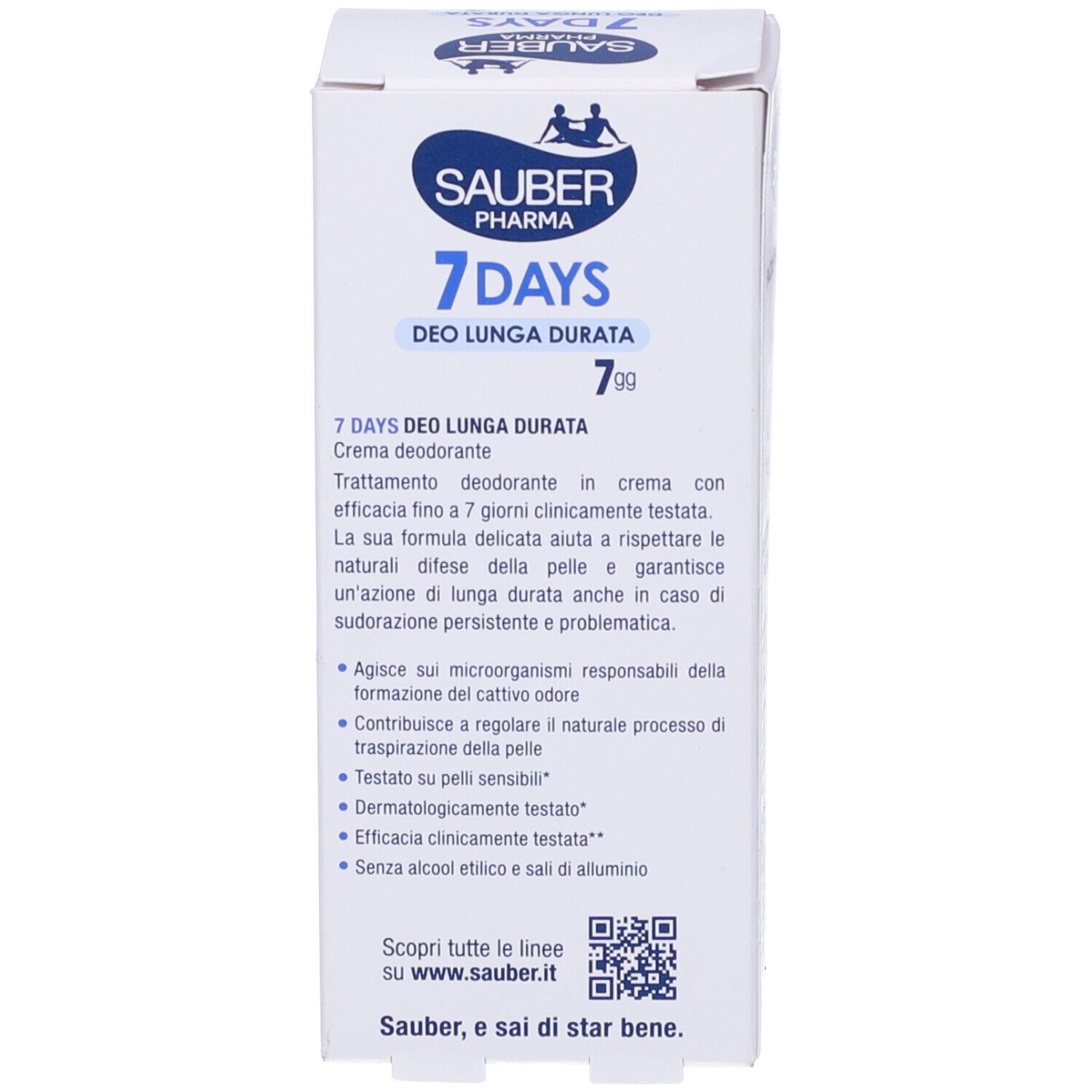 Retro della scatola. Testo in italiano. Scritta: 7 Days Deo Lunga Durata. Made in Italy.