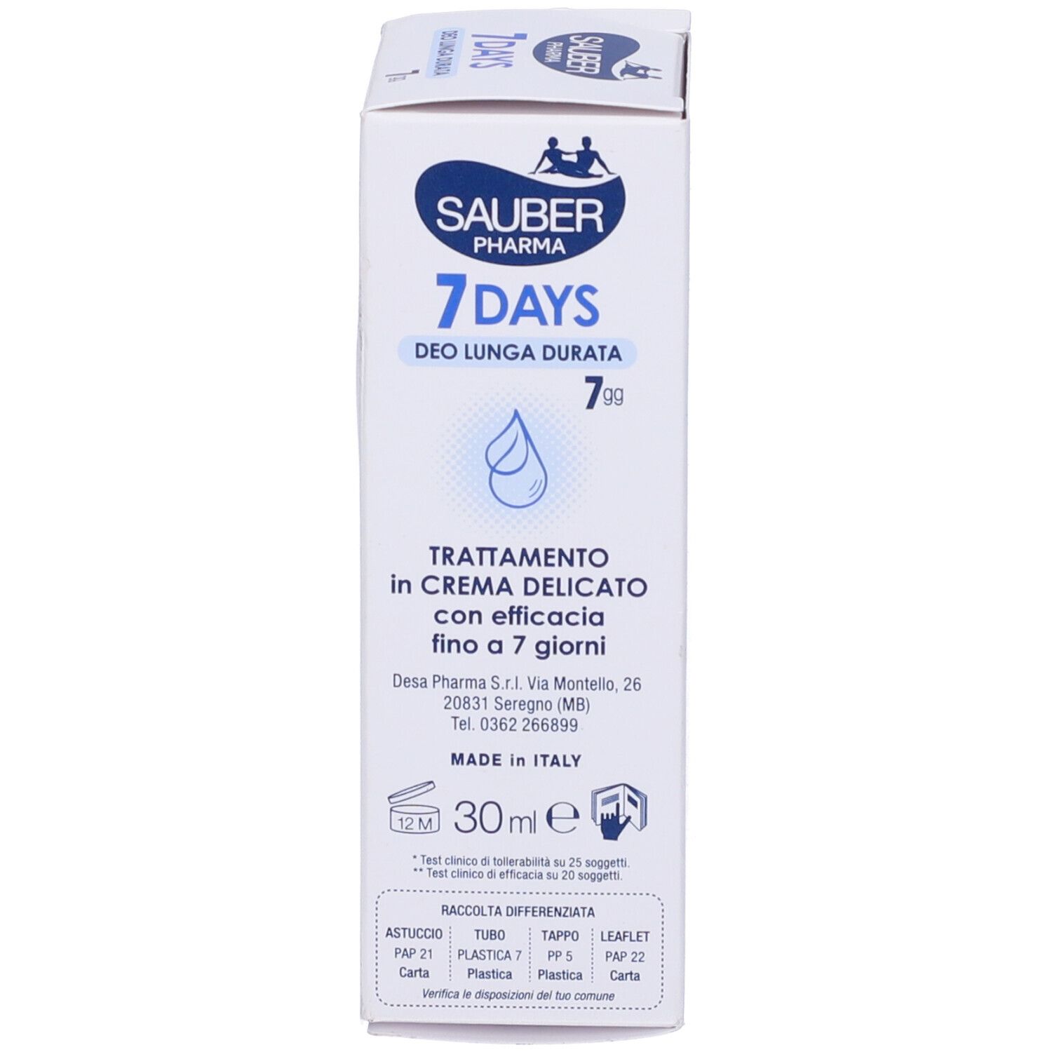 Retro della scatola. Testo in italiano. Scritta: 7 Days Deo Lunga Durata. 30ml. Made in Italy.