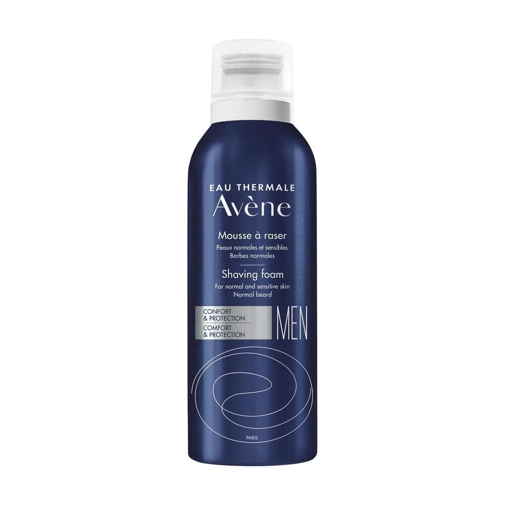 Flacone blu-argento con tappo bianco. Scritta: Eau Thermale Avène, Mousse à raser, Shaving foam, MEN. Per pelli normali e sensibili.