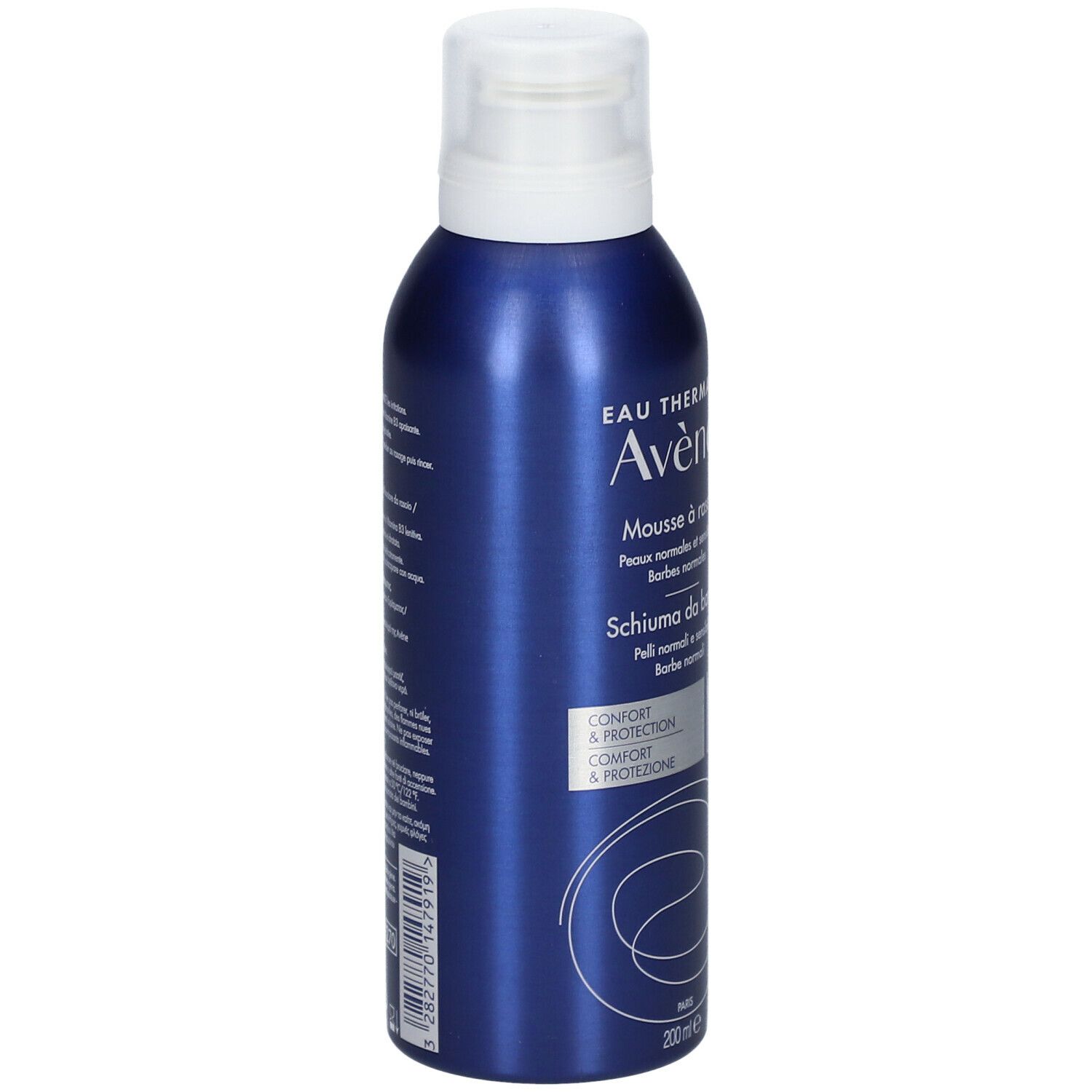 Flacone blu-argento con tappo bianco. Scritta: Eau Thermale Avène, Mousse à raser, Schiuma da barba, MEN. Per pelli normali e sensibili.