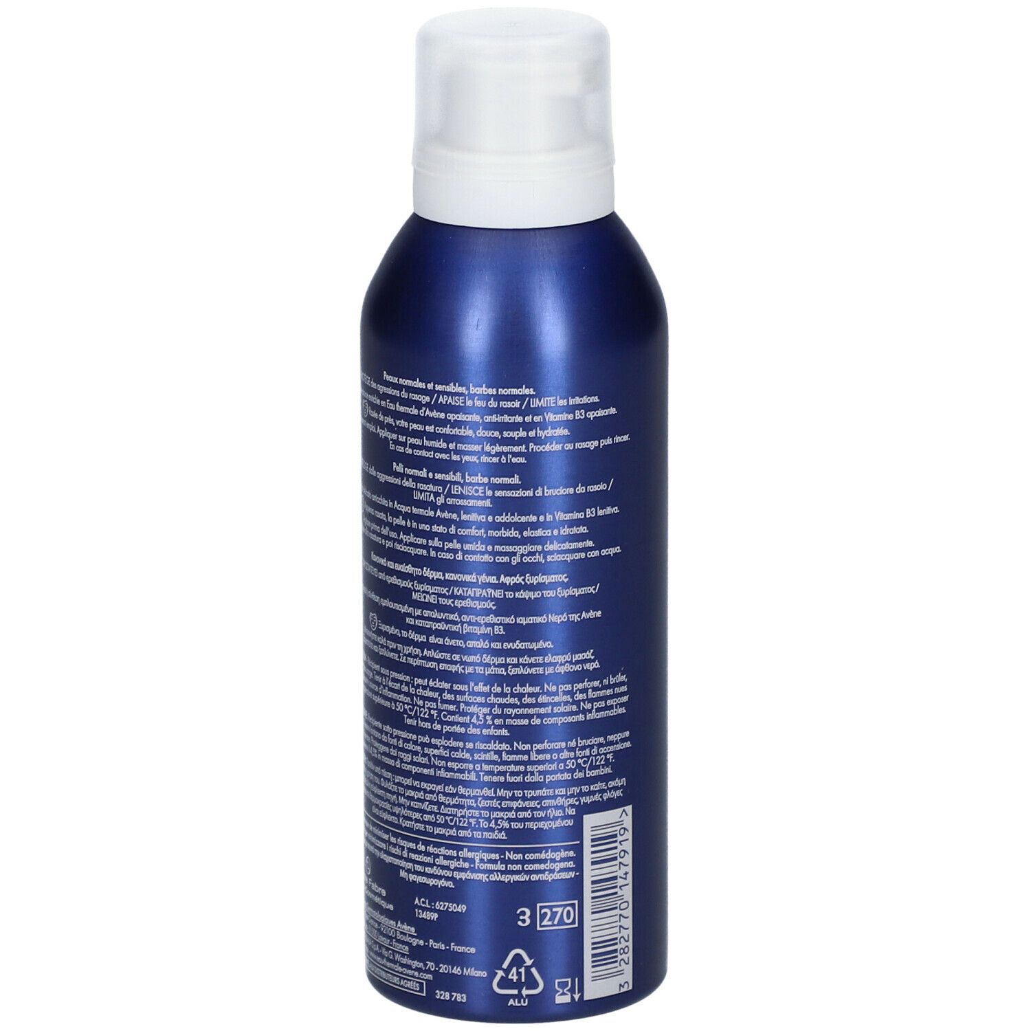 Retro di un flacone blu con testo. Contiene informazioni su ingredienti, uso e produttore. Con codice a barre e simboli di riciclaggio.