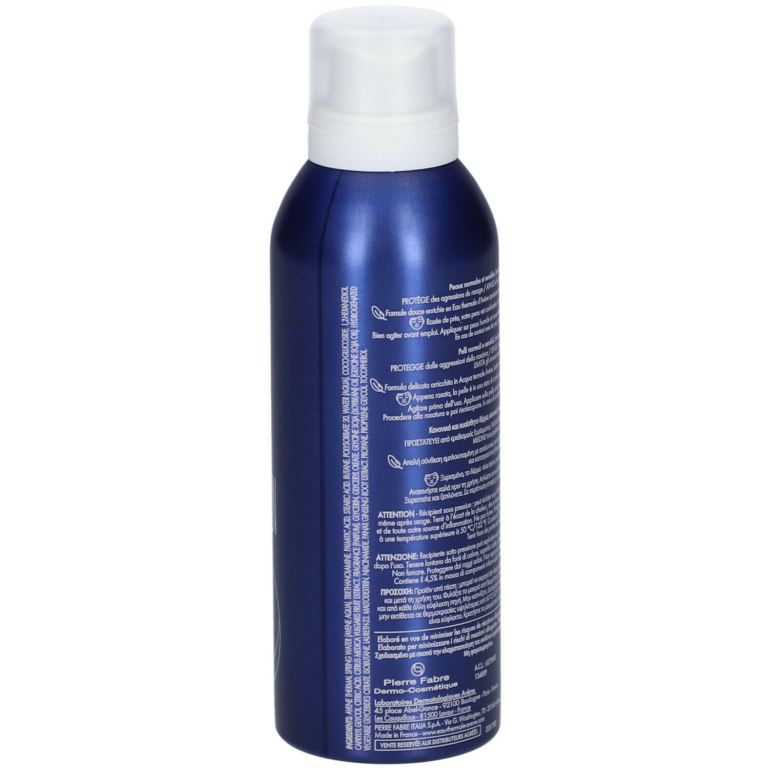 Retro di un flacone blu con testo. Contiene informazioni su ingredienti, uso e produttore. Con codice a barre e simboli di riciclaggio.