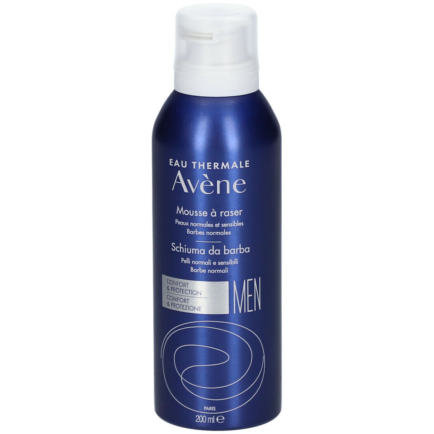 Flacone blu-argento con tappo bianco. Scritta: Eau Thermale Avène, Mousse à raser, Schiuma da barba, MEN. Per pelli normali e sensibili.