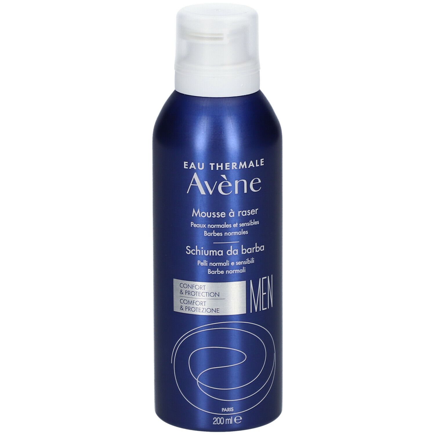 Flacone blu-argento con tappo bianco. Scritta: Eau Thermale Avène, Mousse à raser, Schiuma da barba, MEN. Per pelli normali e sensibili.