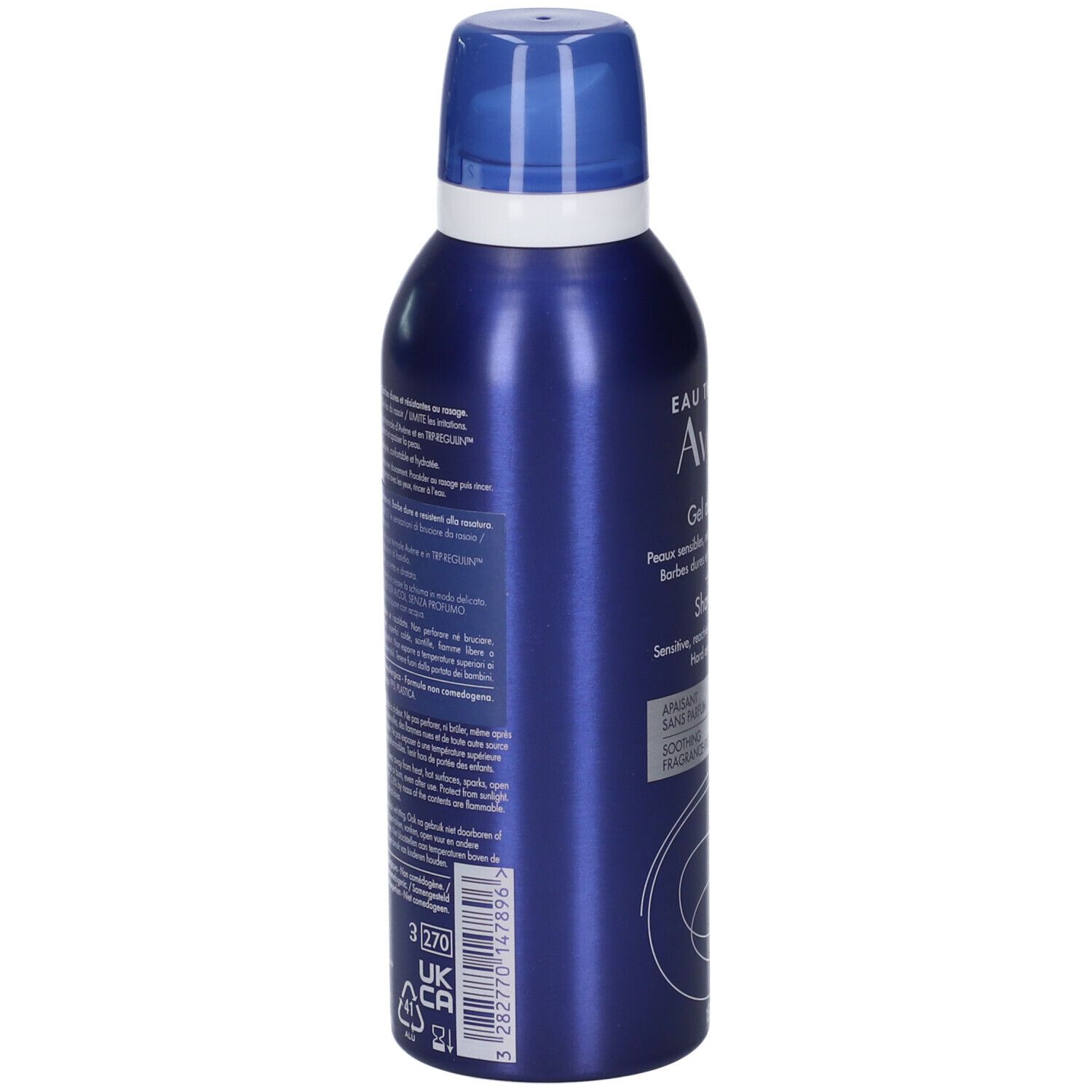 Dunkelblaue Aerosoldose mit blauem Verschluss. Enthält Avène Eau Thermale Gel Nettoyant.