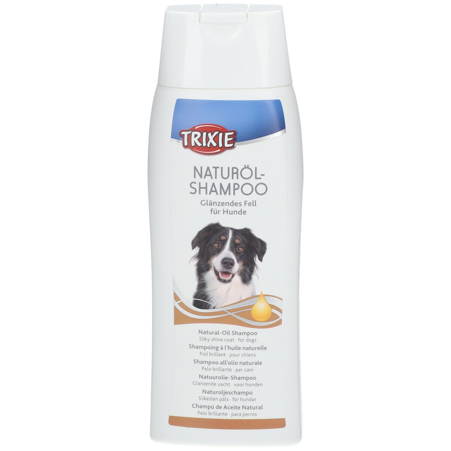 Flacone bianco di shampoo TRIXIE all'olio naturale. Etichetta con foto di cane e nome del prodotto. Per pelo lucido.
