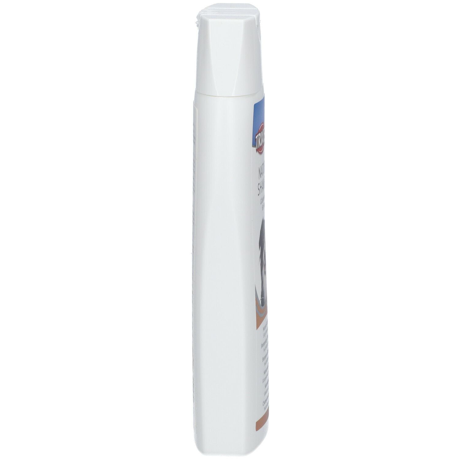 Flacone bianco di shampoo TRIXIE all'olio naturale. Vista laterale. Informazioni sull'etichetta. Tappo bianco.
