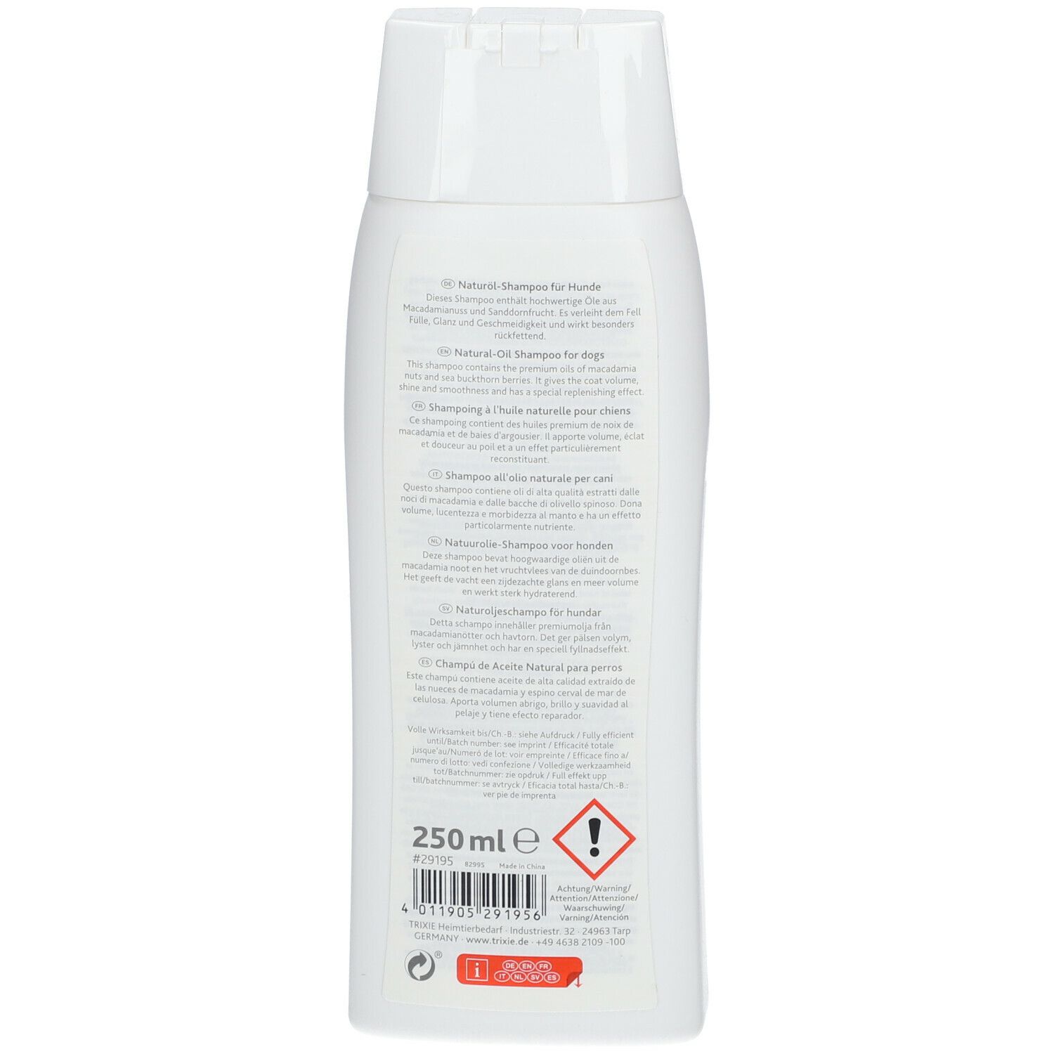 Retro del flacone bianco di shampoo TRIXIE all'olio naturale. Informazioni sul prodotto multilingue. 250 ml.