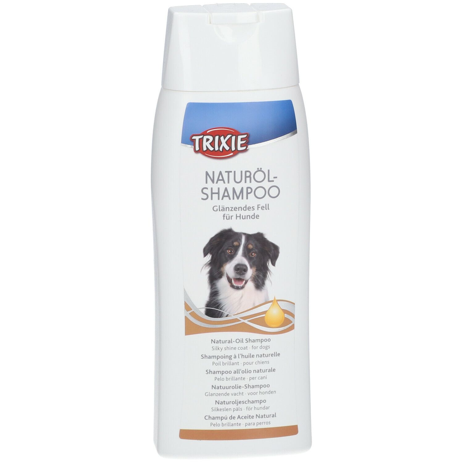 Flacone bianco di shampoo TRIXIE all'olio naturale. Etichetta con foto di cane e nome del prodotto. Per pelo lucido.