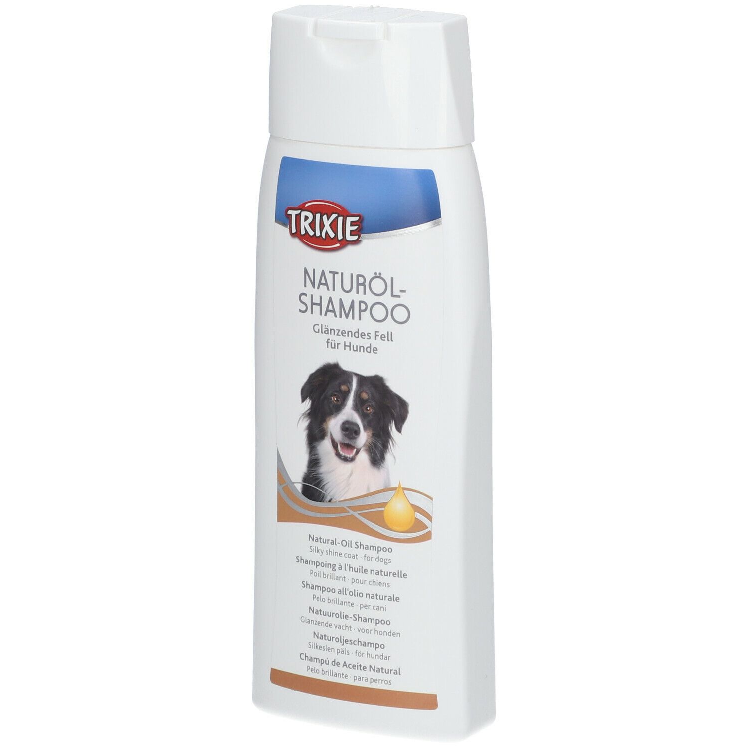 Flacone bianco di shampoo TRIXIE all'olio naturale. Etichetta con foto di cane e nome del prodotto. Per pelo lucido.