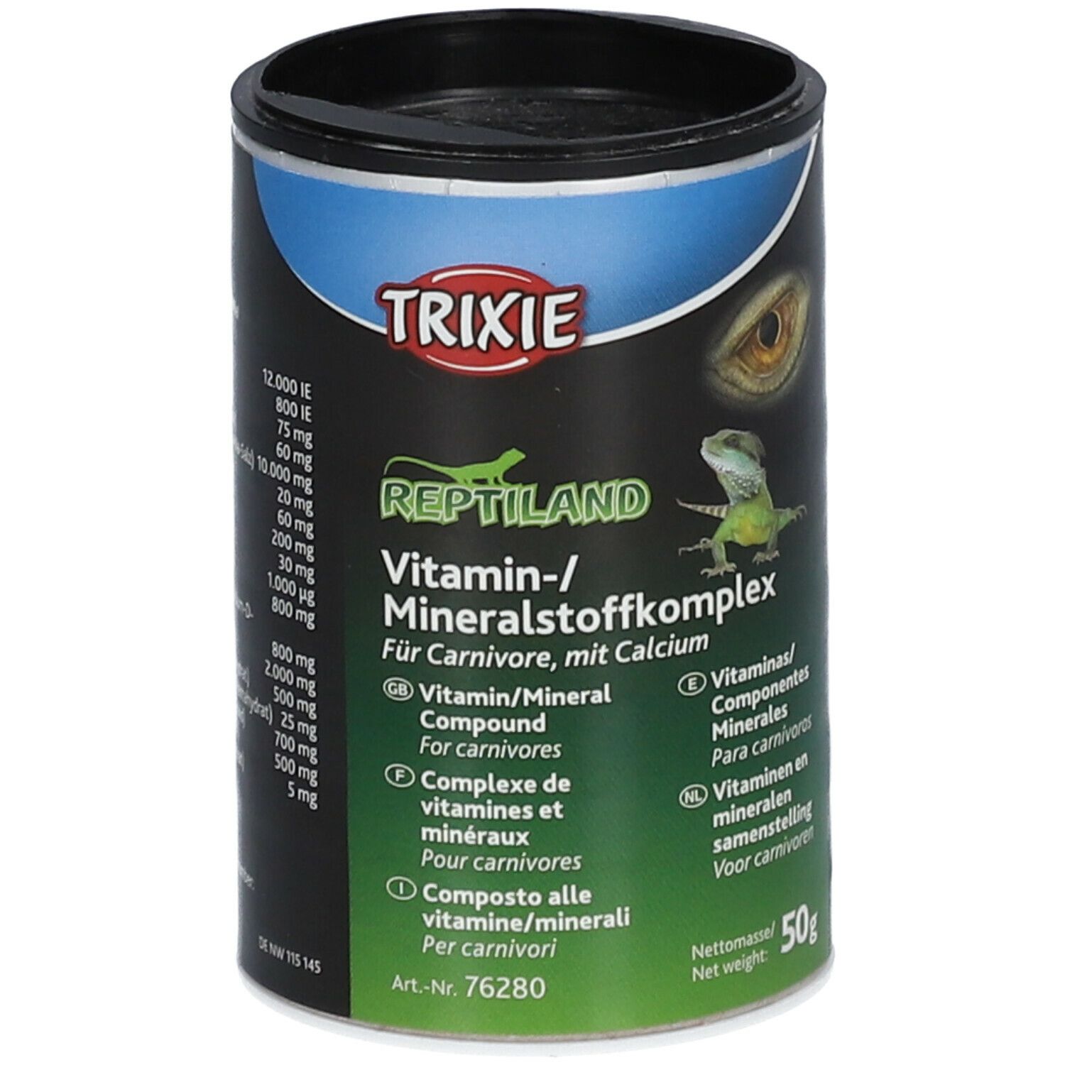 Barattolo TRIXIE Reptiland con complesso vitaminico/minerale per rettili carnivori. Coperchio nero, elementi blu e verdi. Contiene vitamine e minerali.