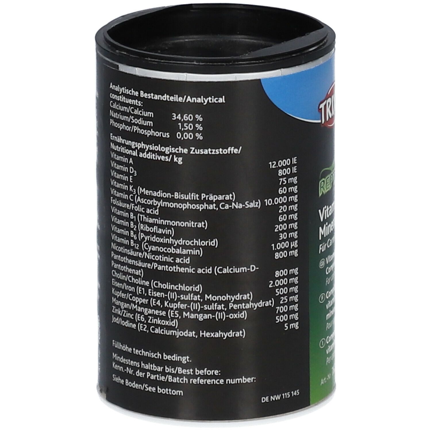 Retro del barattolo con ingredienti e informazioni nutrizionali. Contiene vitamine, minerali e additivi. Sfondo nero con testo bianco.