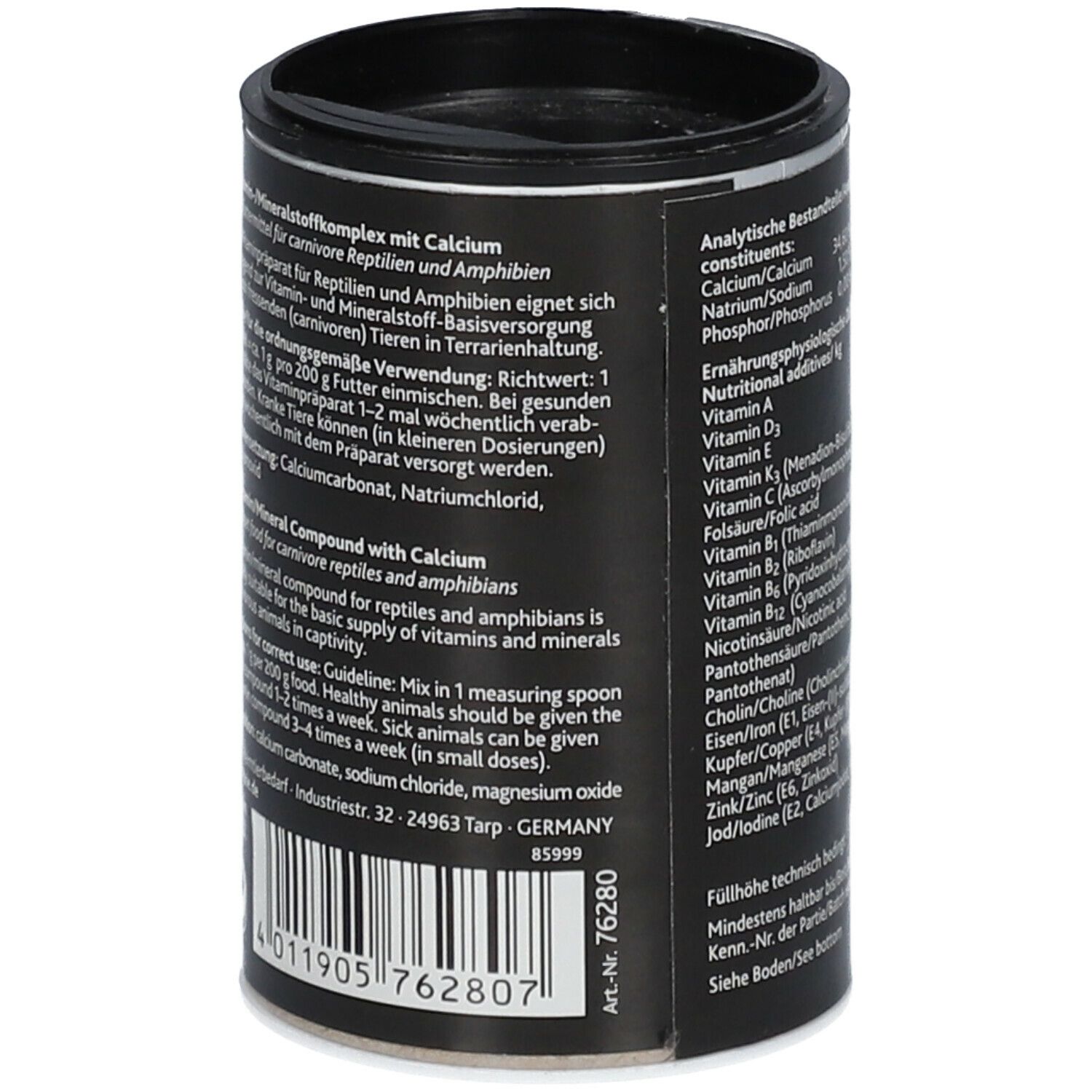 Barattolo con testo su uso e ingredienti. Contiene carbonato di calcio, cloruro di sodio, ossido di magnesio. Sfondo nero, testo bianco.