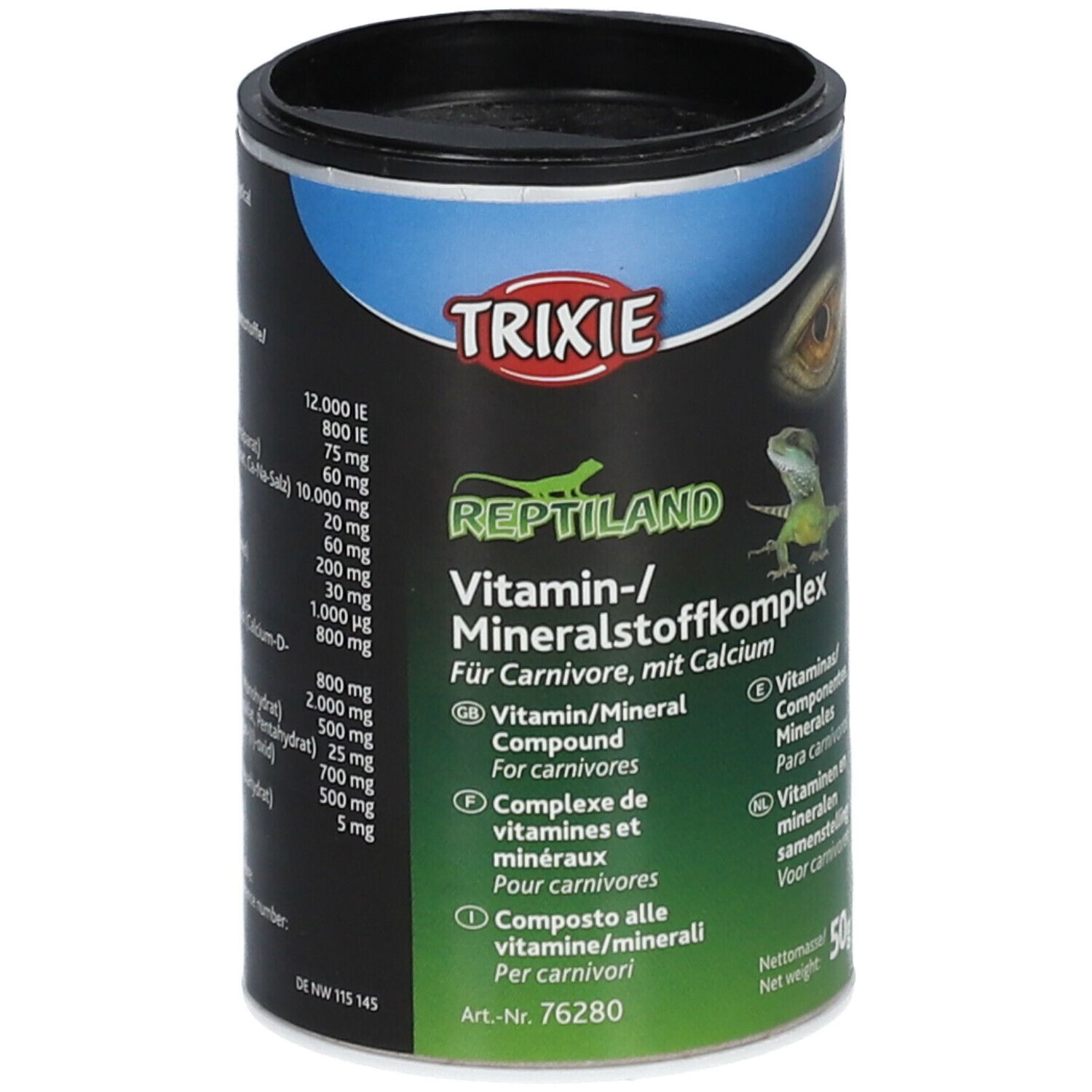 Barattolo TRIXIE Reptiland con complesso vitaminico/minerale per rettili. Coperchio nero, elementi blu e verdi. Contiene vitamine e minerali.
