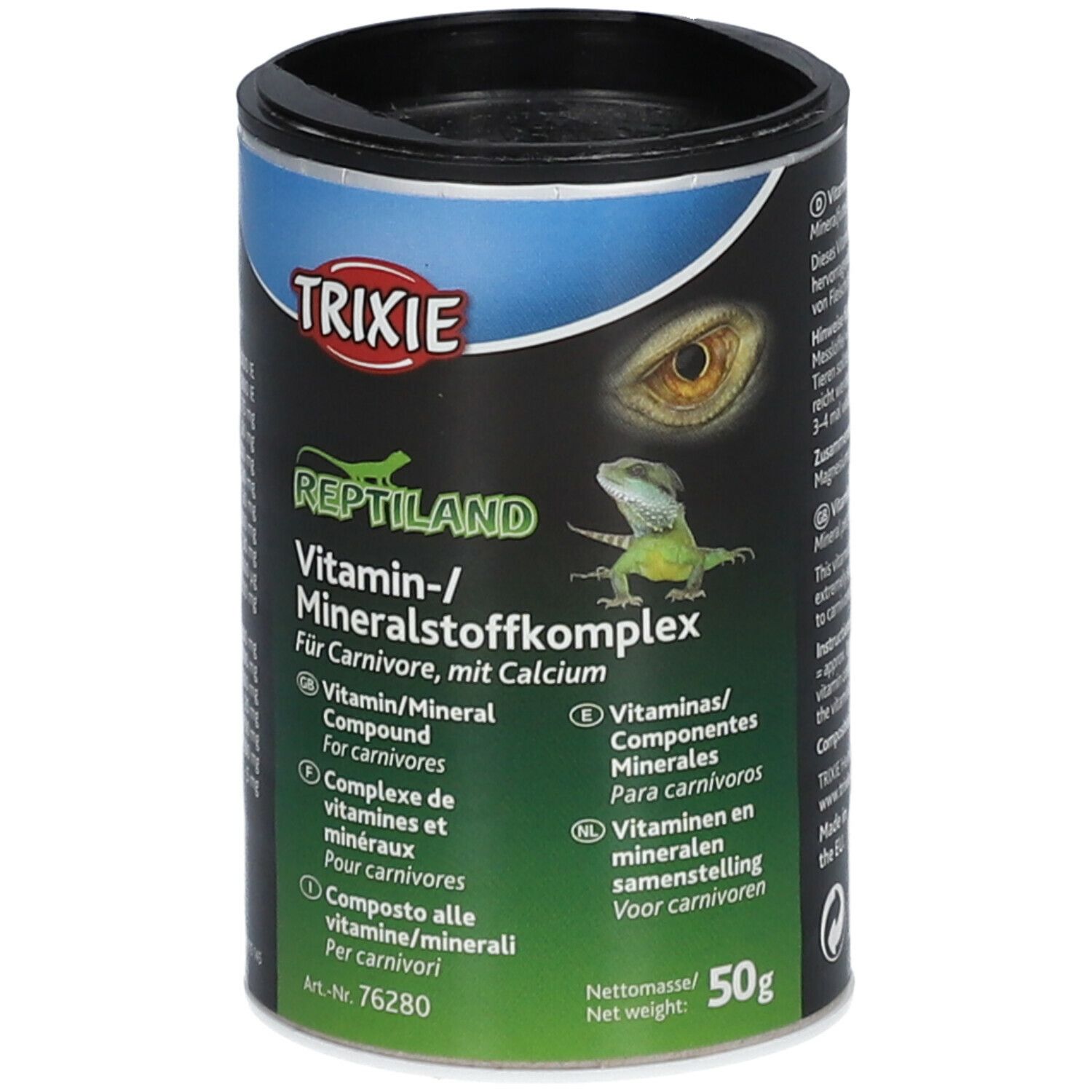 Barattolo TRIXIE Reptiland con complesso vitaminico/minerale. Contiene vitamine e minerali. Coperchio nero, elementi blu e verdi. 50g.