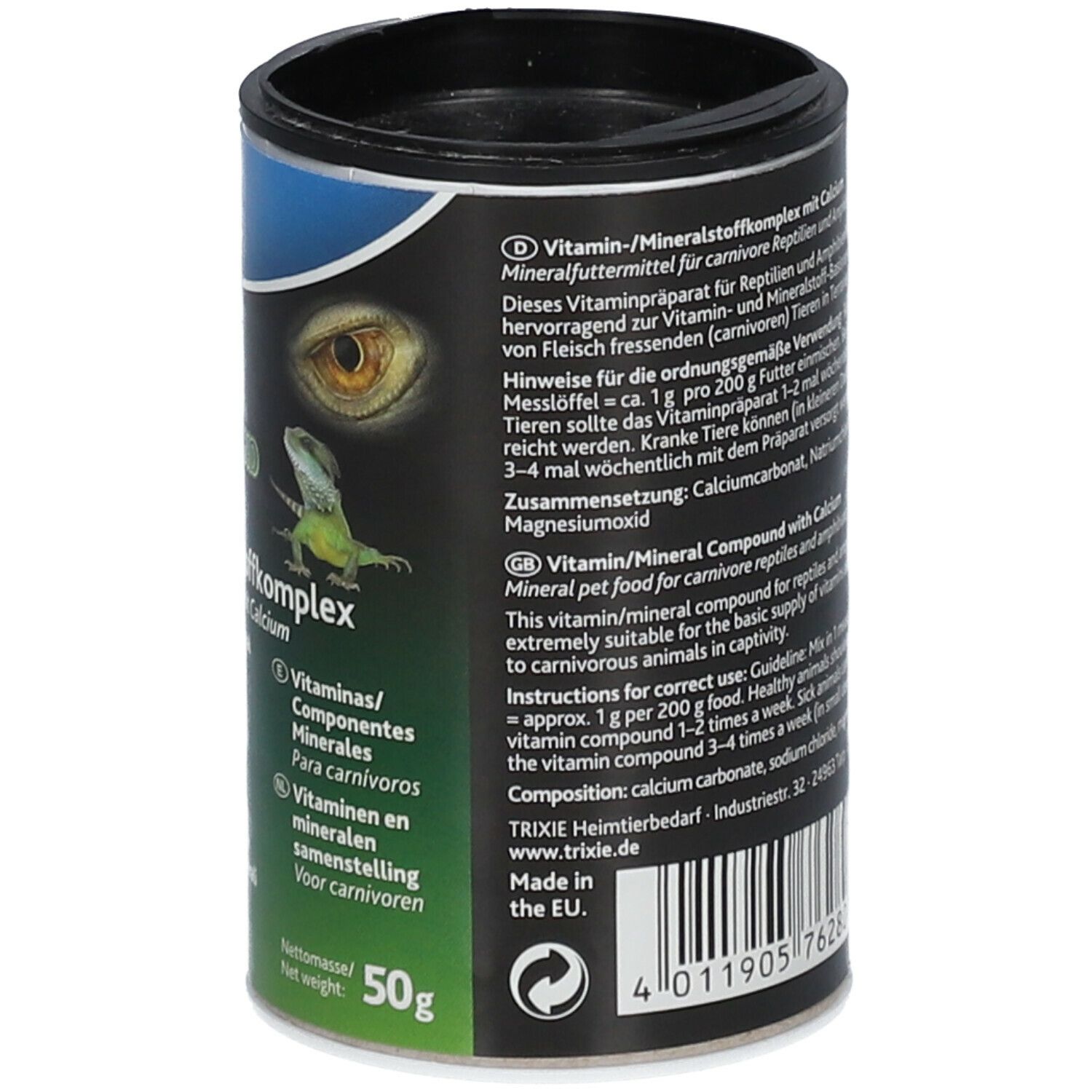 Barattolo TRIXIE Reptiland con complesso vitaminico/minerale. Contiene vitamine e minerali. Coperchio nero, elementi blu e verdi. 50g.