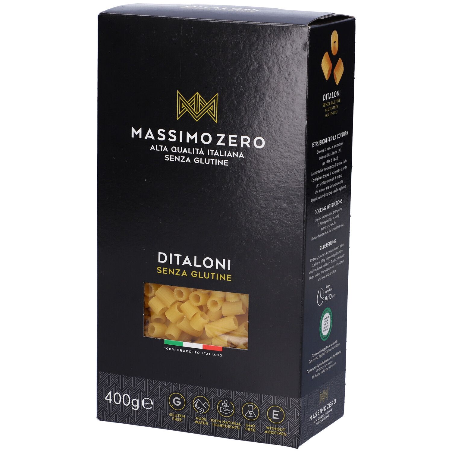 Confezione nera Massimo Zero Ditaloni. Finestra mostra pasta. Testo: Senza Glutine, 400g, senza glutine.