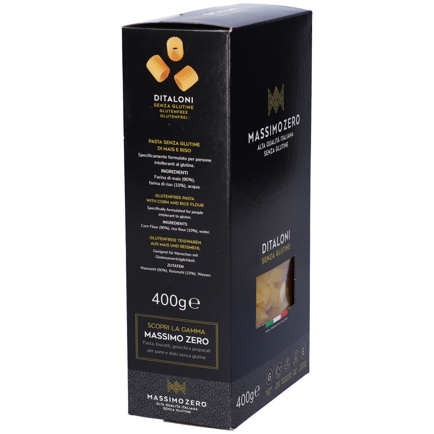 Confezione nera Massimo Zero Ditaloni. Elenco ingredienti e informazioni nutrizionali. Testo: Senza Glutine, 400g, senza glutine.