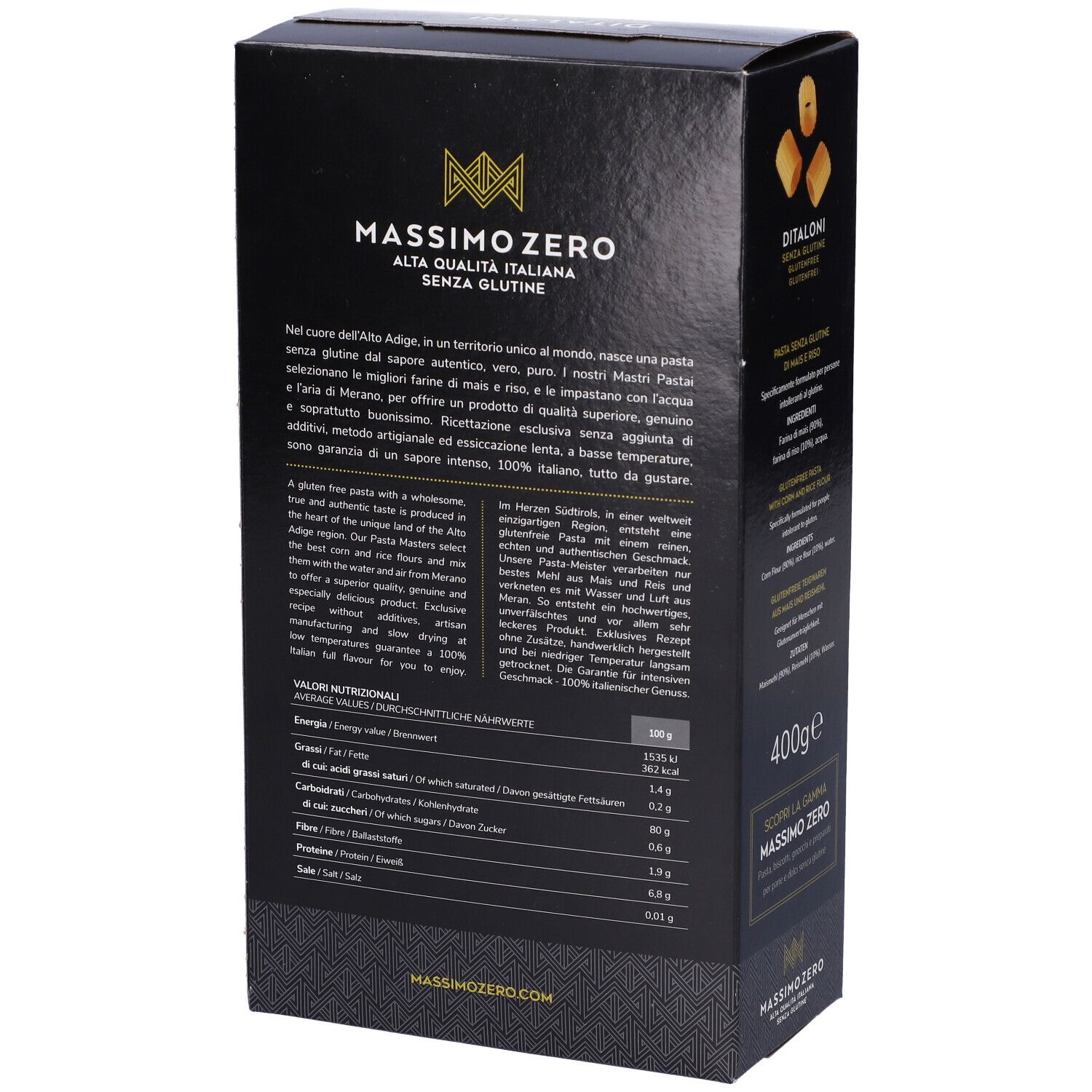 Retro confezione nera Massimo Zero Ditaloni. Testo sulla pasta senza glutine. Testo: Senza Glutine, 400g.
