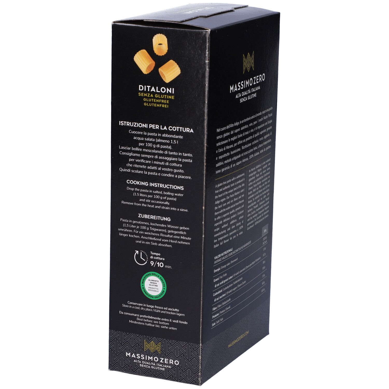 Retro confezione nera Massimo Zero Ditaloni. Istruzioni per la cottura. Testo: Senza Glutine, 400g, senza glutine.