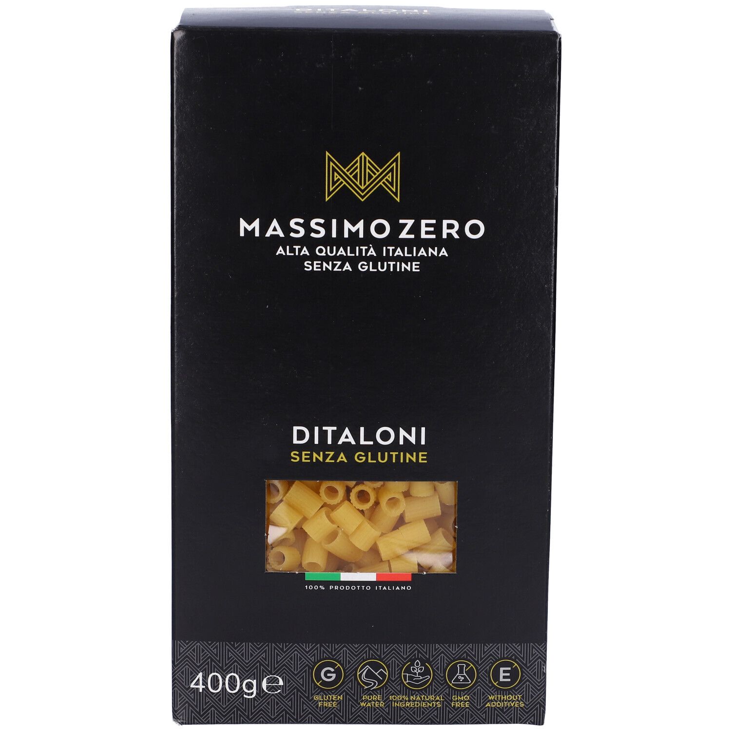 Confezione nera Massimo Zero Ditaloni. Finestra mostra pasta. Testo: Senza Glutine, 400g, senza glutine.