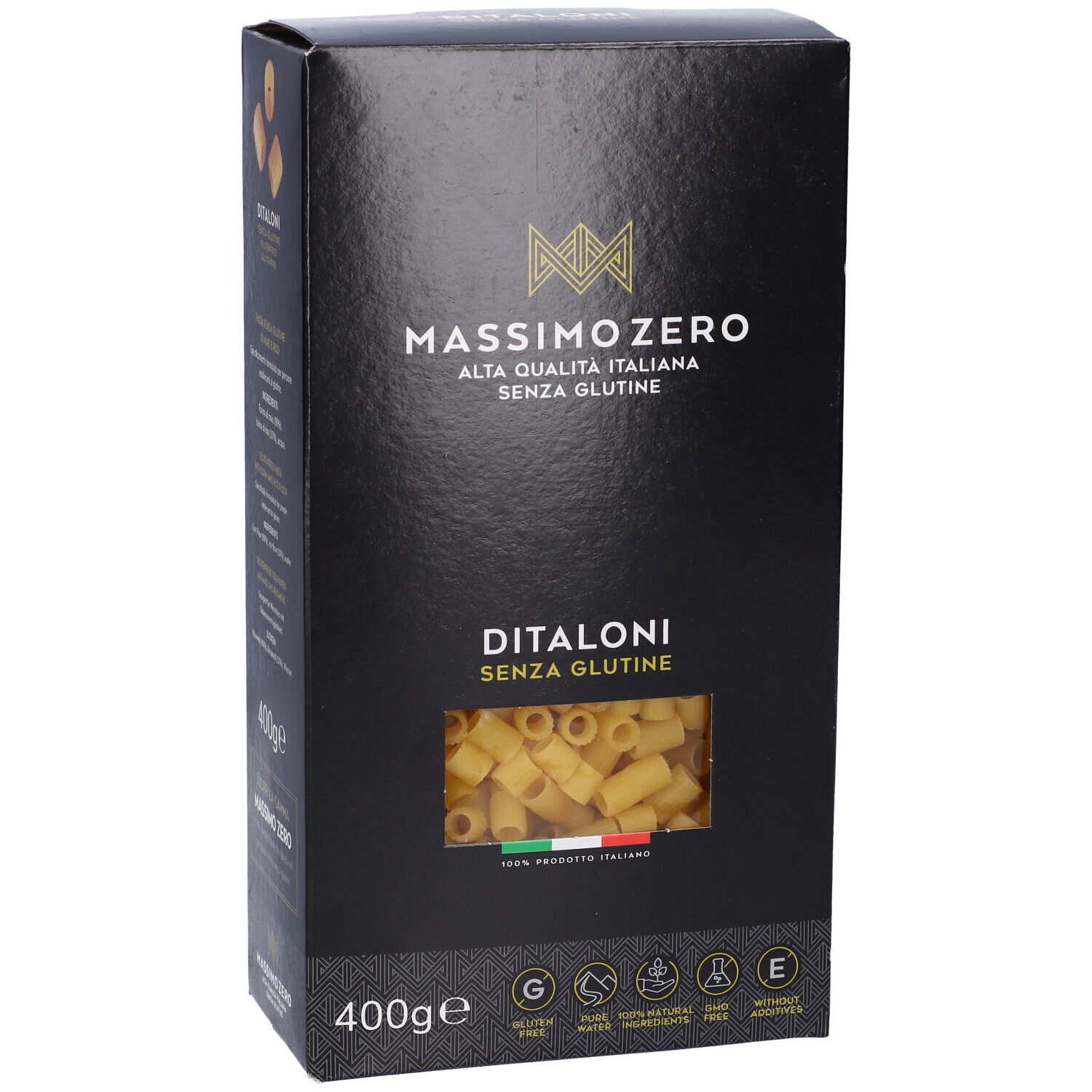 Confezione nera Massimo Zero Ditaloni. Finestra mostra pasta. Testo: Senza Glutine, 400g, senza glutine.