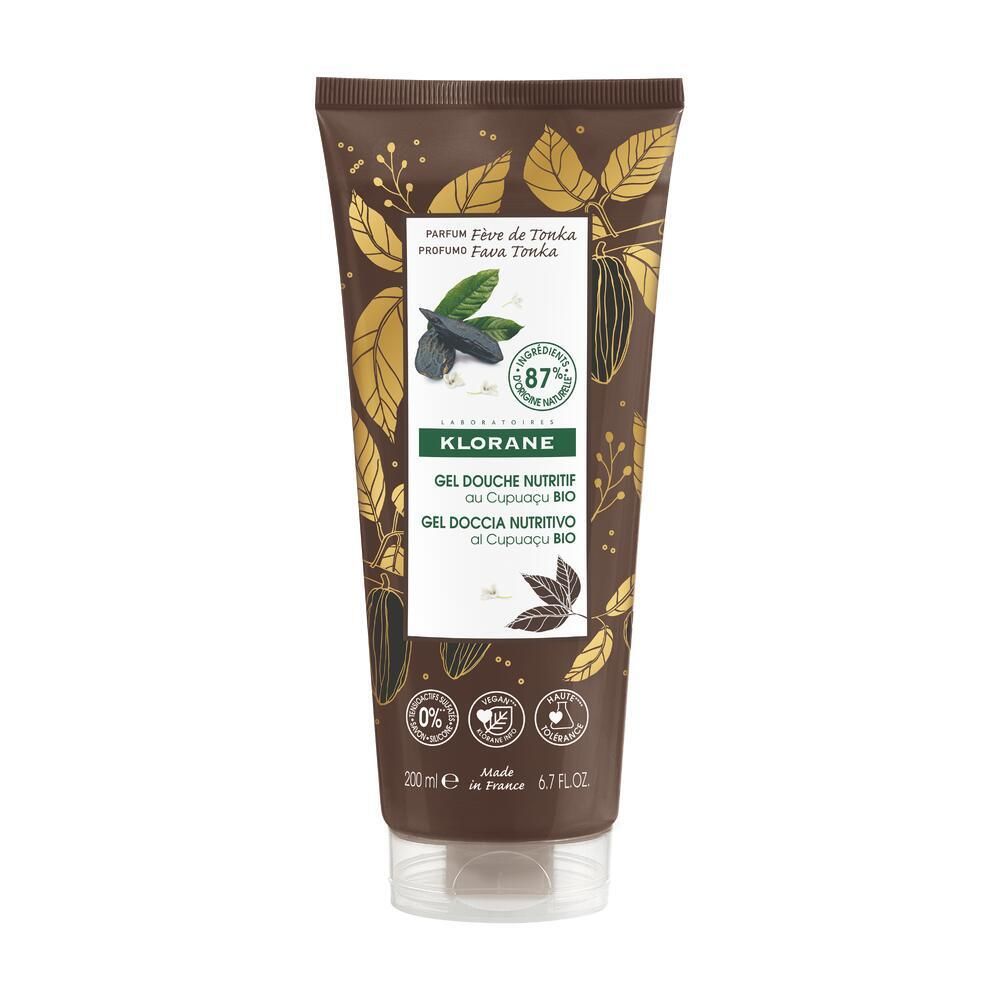 Tubo marrone KLORANE Gel Douche Nutritivo. Scritte: 87% ingredienti naturali, certificazione bio, 200ml.