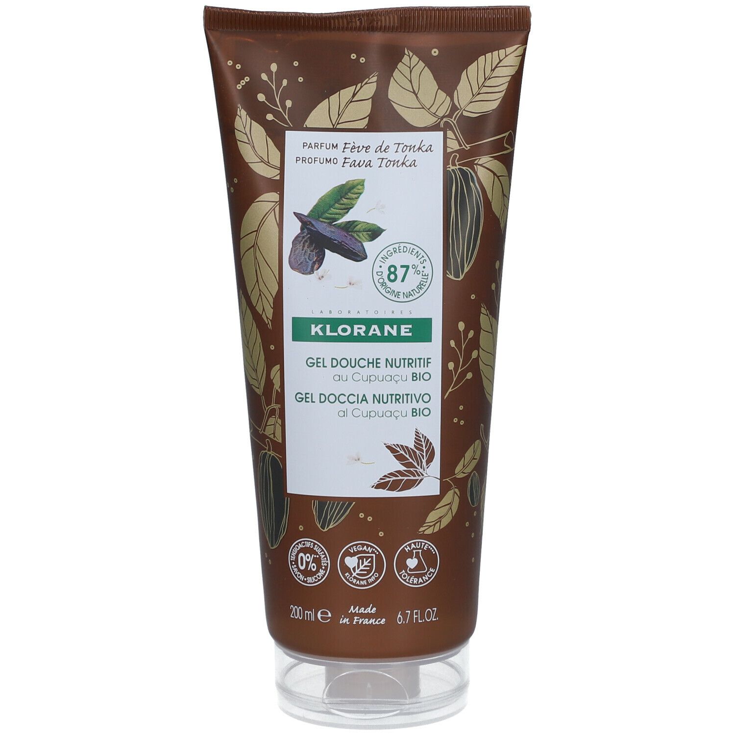 Tubo marrone KLORANE Gel Douche Nutritivo. Scritte: 87% ingredienti naturali, certificazione bio, 200ml.