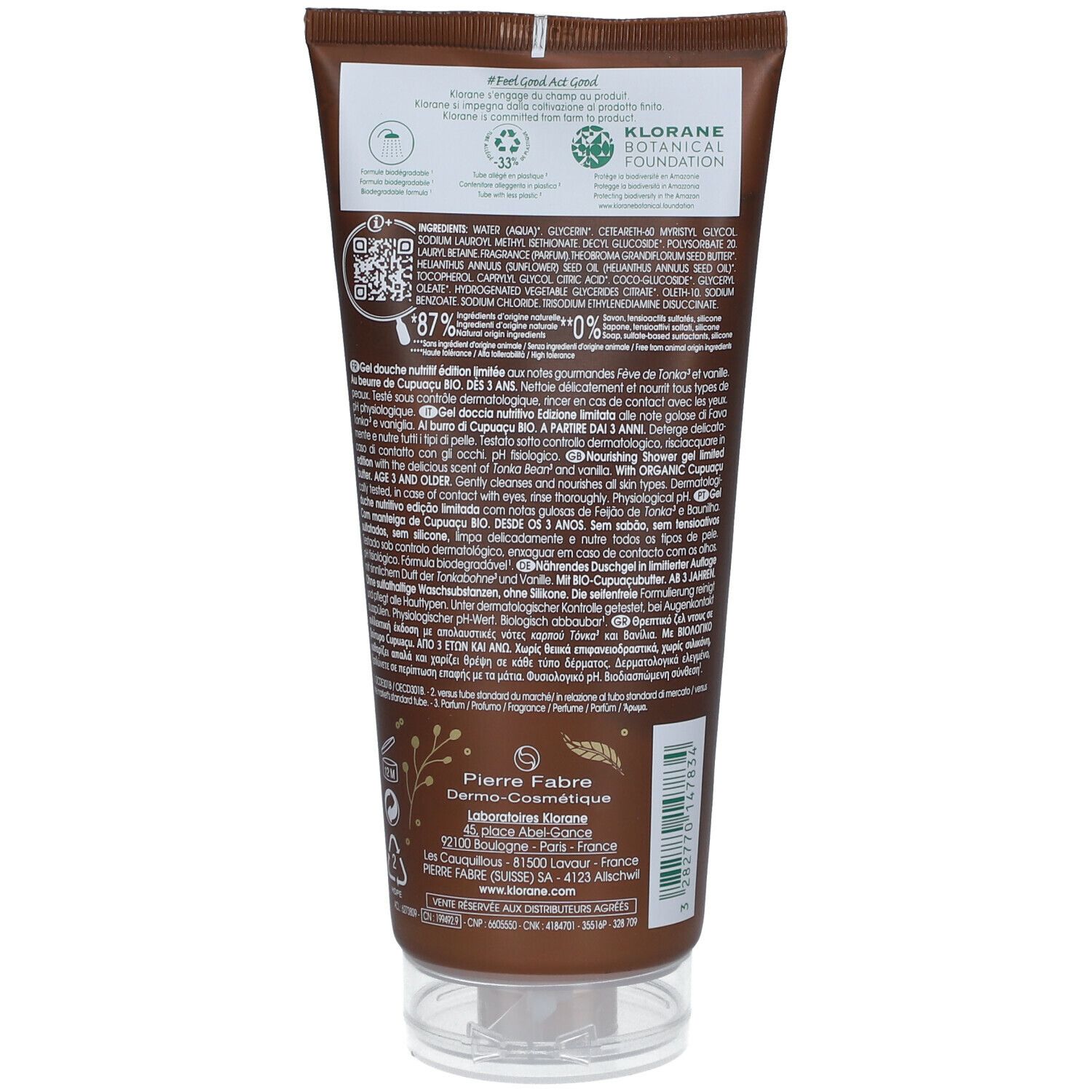 Retro del tubo marrone. Testo: ingredienti, QR code, 87% ingredienti naturali, 0% additivi, Pierre Fabre.