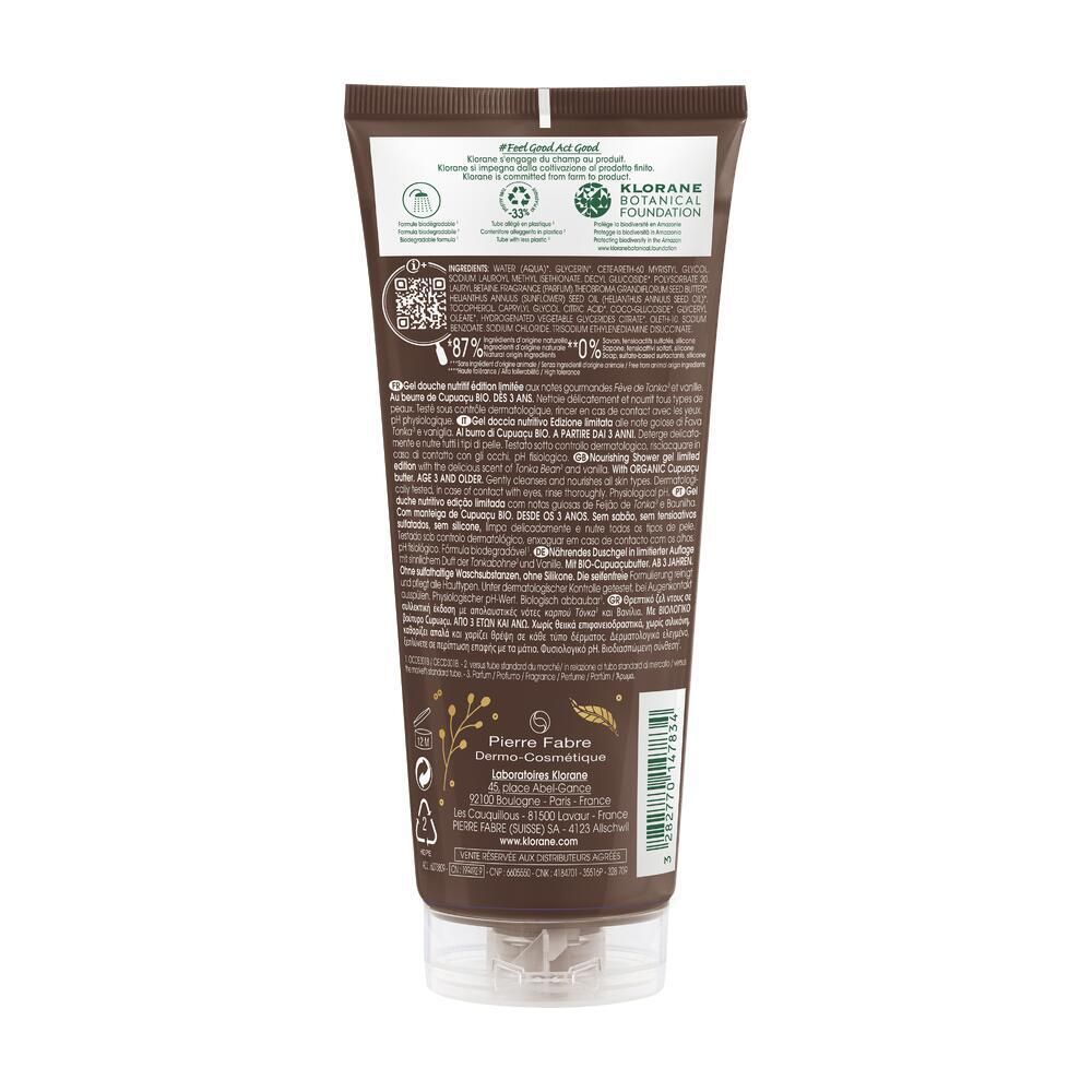 Retro del tubo marrone. Testo: ingredienti, QR code, 87% ingredienti naturali, 0% additivi, Pierre Fabre.