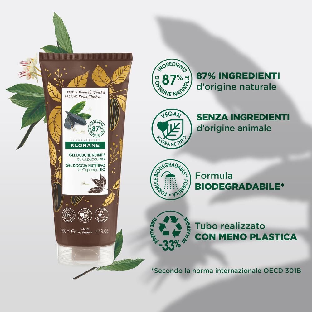 Grafica con informazioni prodotto. Testo: 87% ingredienti naturali, vegano, biodegradabile, meno plastica.