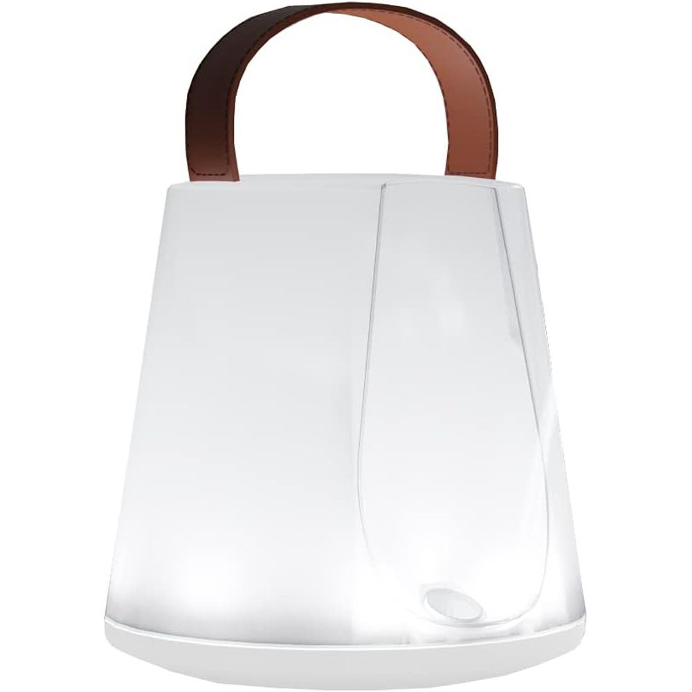 Diffusore bianco con manico marrone. Forma a goccia. Base rotonda. Illuminato.