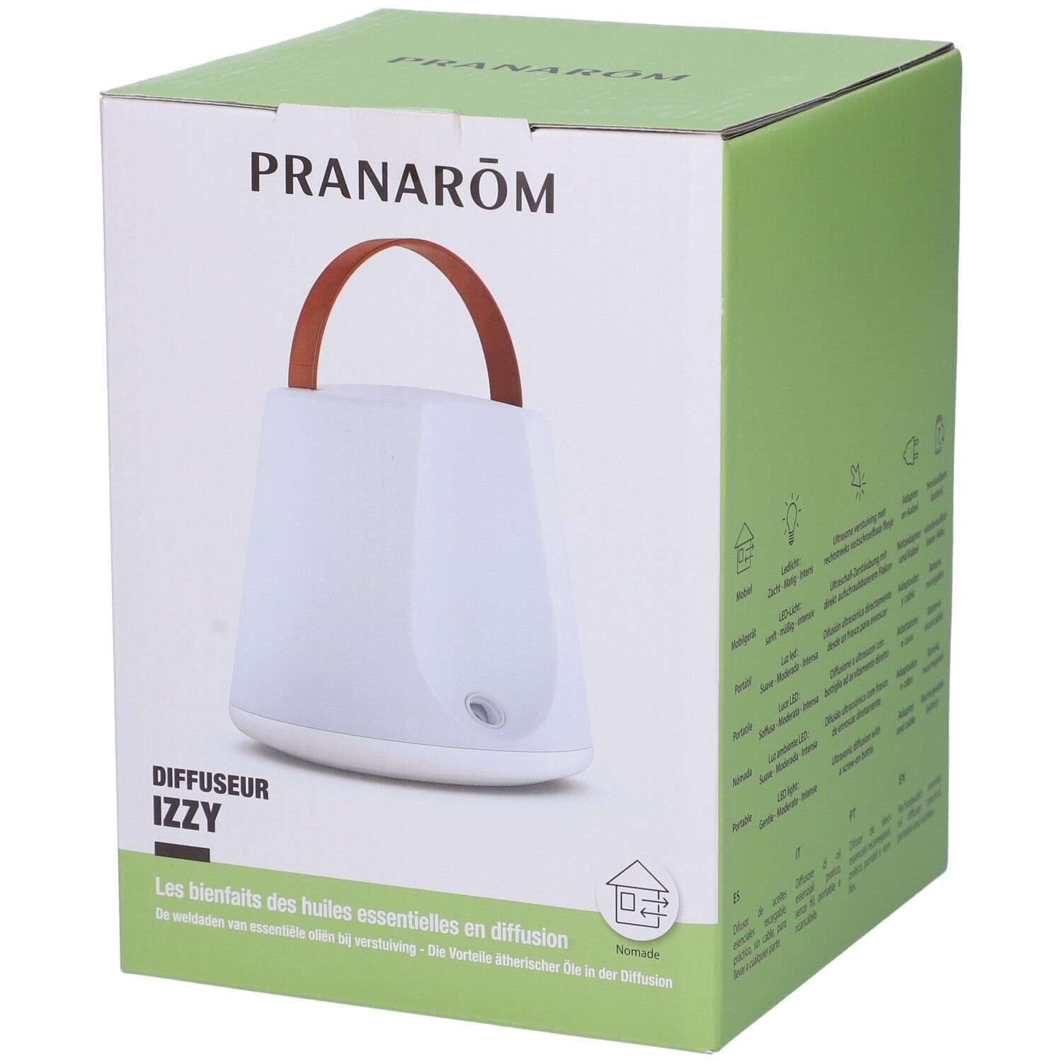 Confezione prodotto. Diffusore bianco con manico marrone. Marchio PRANAROM. Testo: Diffusore Izzy.