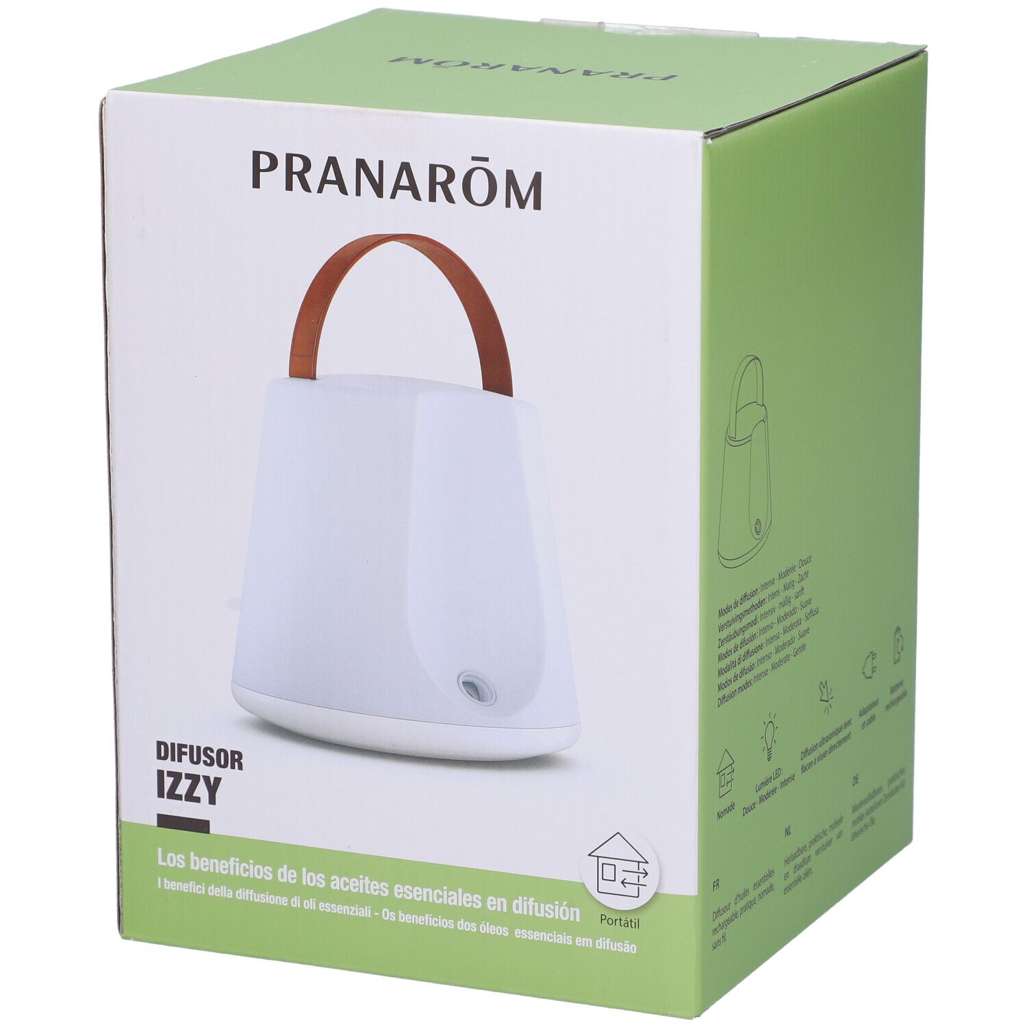 Confezione prodotto. Diffusore bianco con manico marrone. Marchio PRANAROM. Testo: Diffusore Izzy.