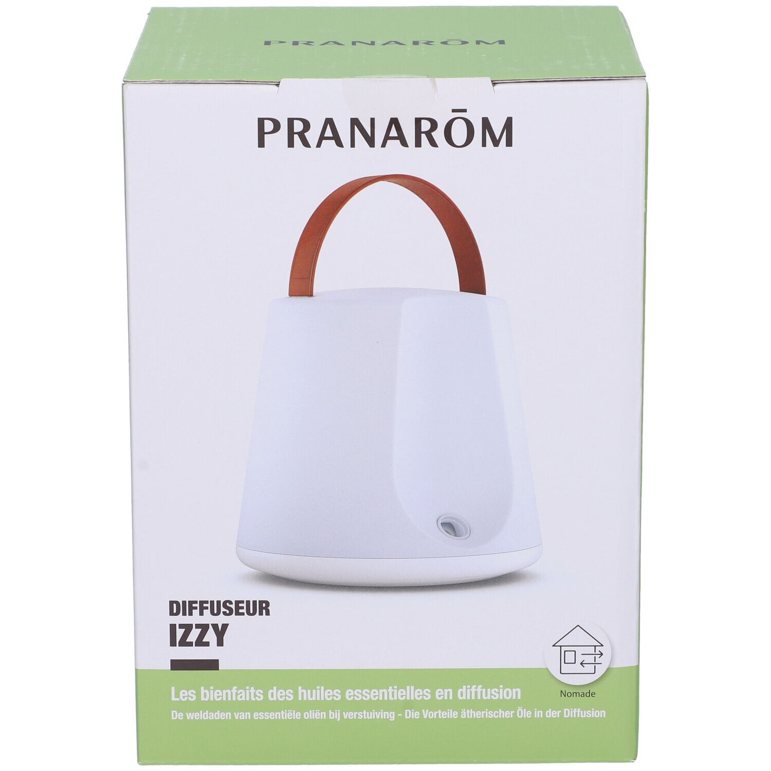 Confezione prodotto. Diffusore bianco con manico marrone. Marchio PRANAROM. Testo: Diffusore Izzy.