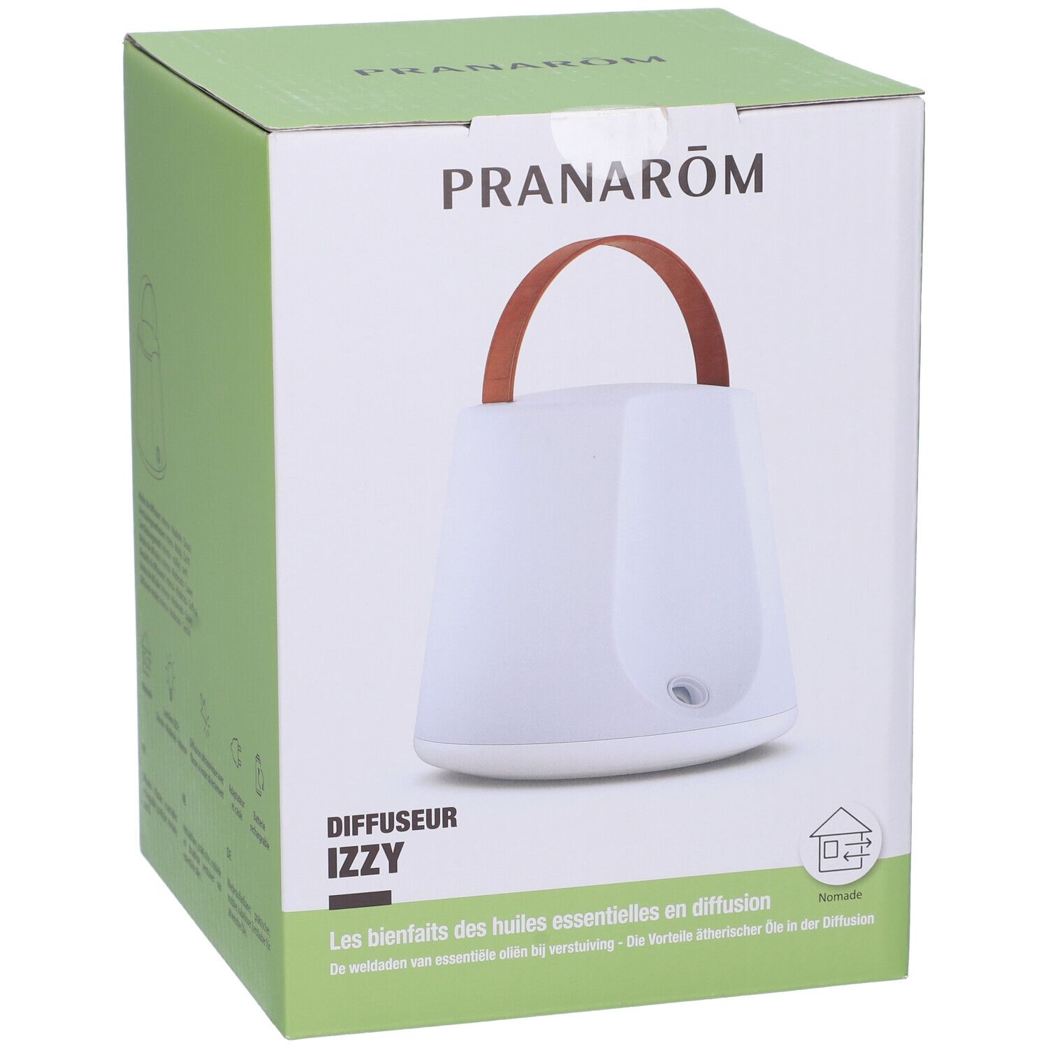 Confezione prodotto. Diffusore bianco con manico marrone. Marchio PRANAROM. Testo: Diffusore Izzy.