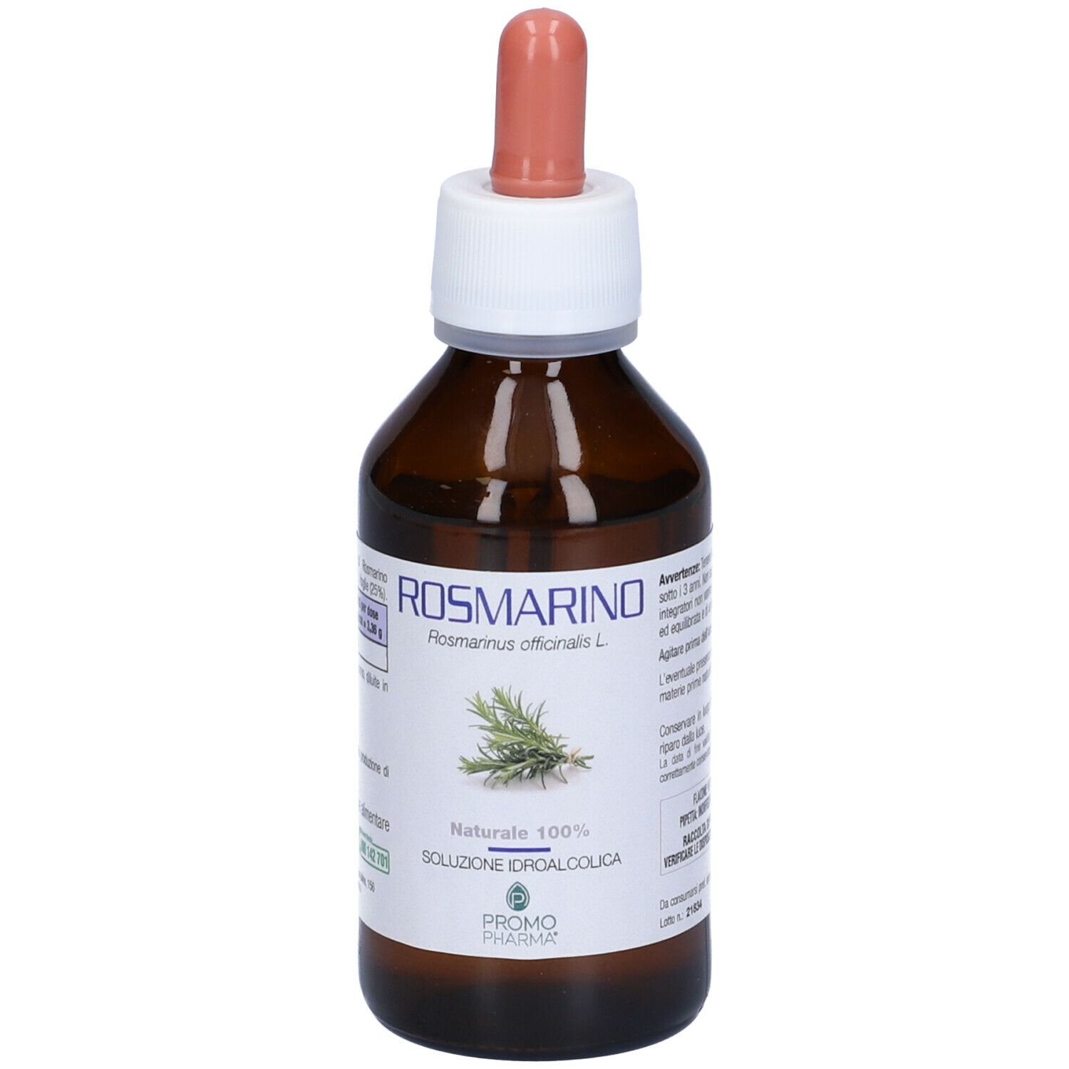 Flacone di vetro marrone con tappo bianco e contagocce rosa. Scritta: Rosmarino, Soluzione Idroalcolica.