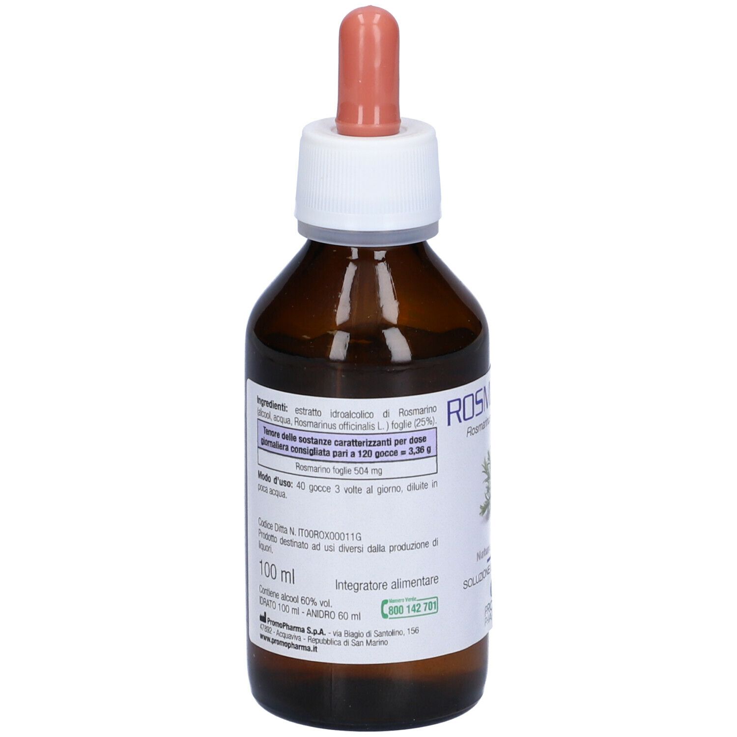 Flacone di vetro marrone con tappo bianco e contagocce rosa. Scritta: Rosmarino. Etichetta con ingredienti e dosaggio.