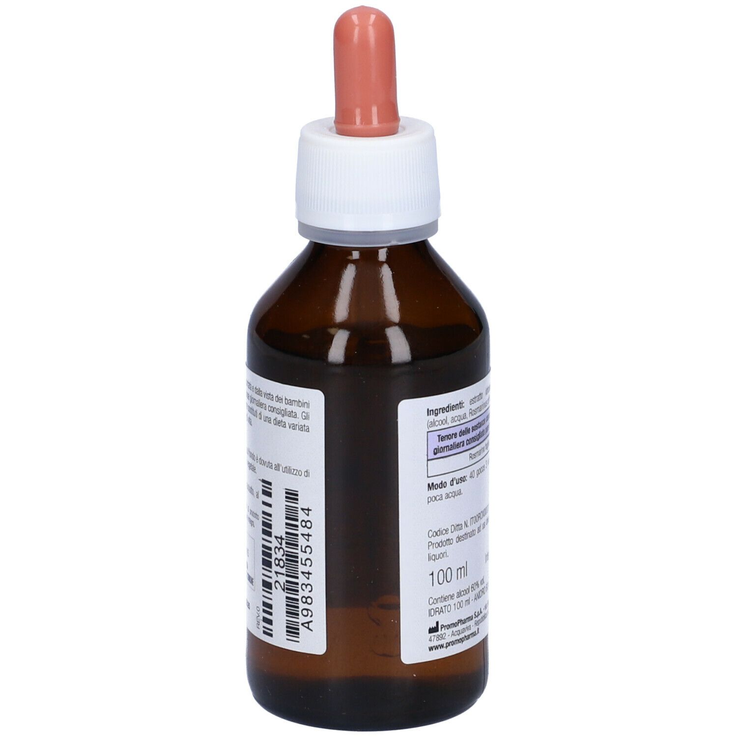 Flacone di vetro marrone con tappo bianco e contagocce rosa. Retro con testo e codice a barre. Scritta: 100 ml.