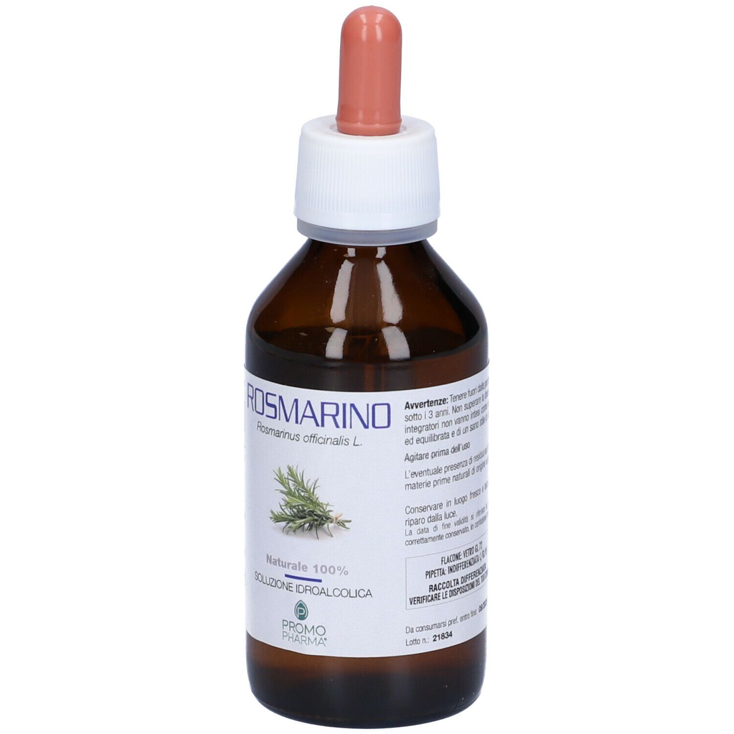 Flacone di vetro marrone con tappo bianco e contagocce rosa. Scritta: Rosmarino. Etichetta con avvertenze e ingredienti.