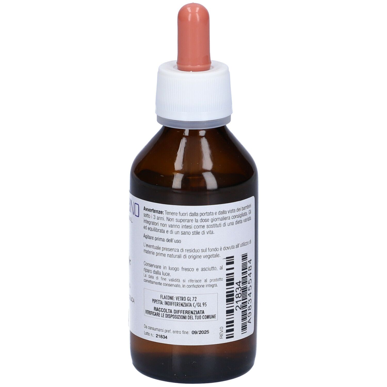 Flacone di vetro marrone con tappo bianco e contagocce rosa. Retro con testo, codice a barre e numero di lotto. Scritta: 100 ml.