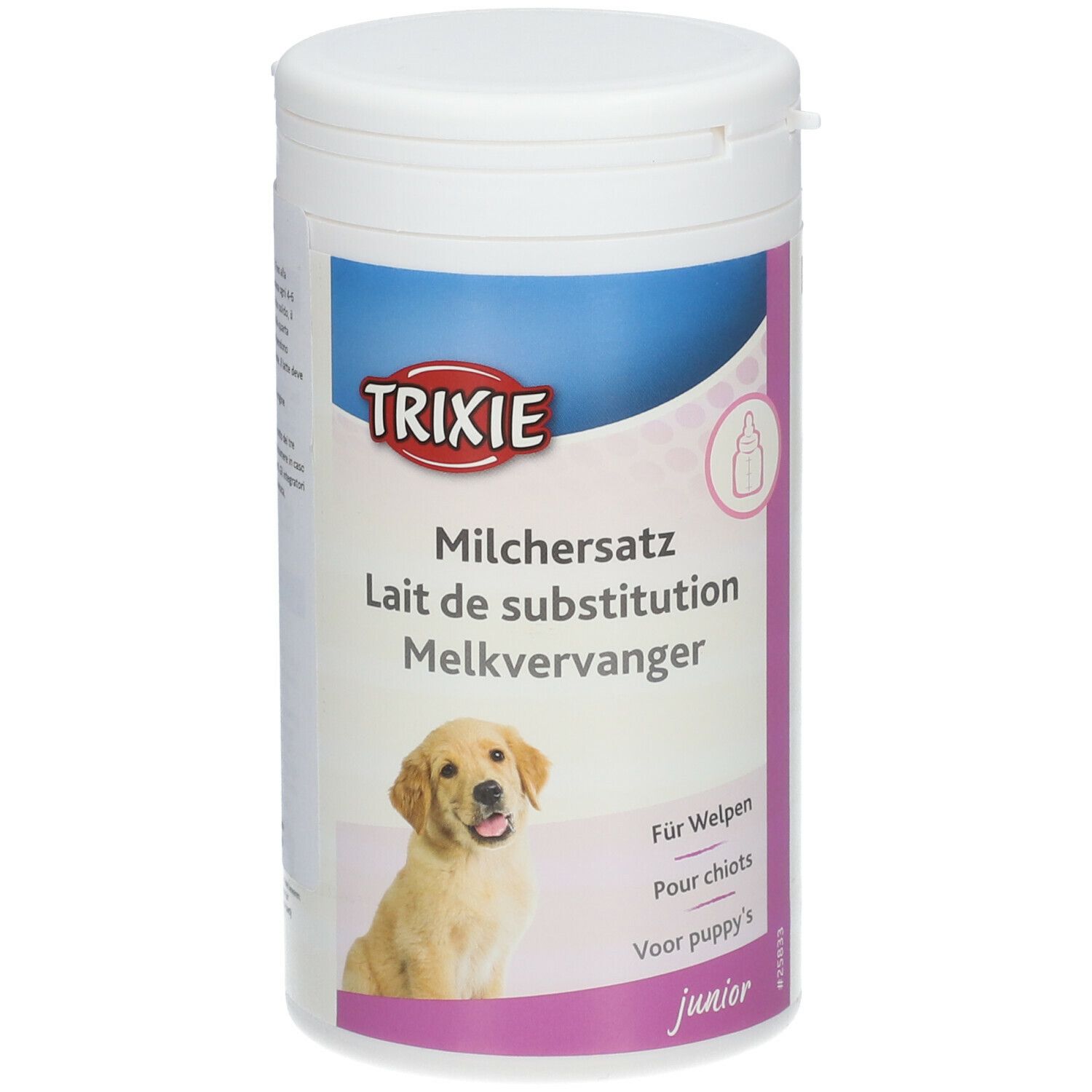 Contenitore bianco TRIXIE. Testo: Latte sostitutivo. Immagine di cucciolo. Prodotto junior.