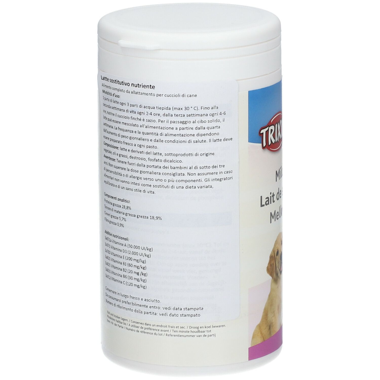 Contenitore bianco. Testo: Composizione del latte, ingredienti, analisi. Vista posteriore.